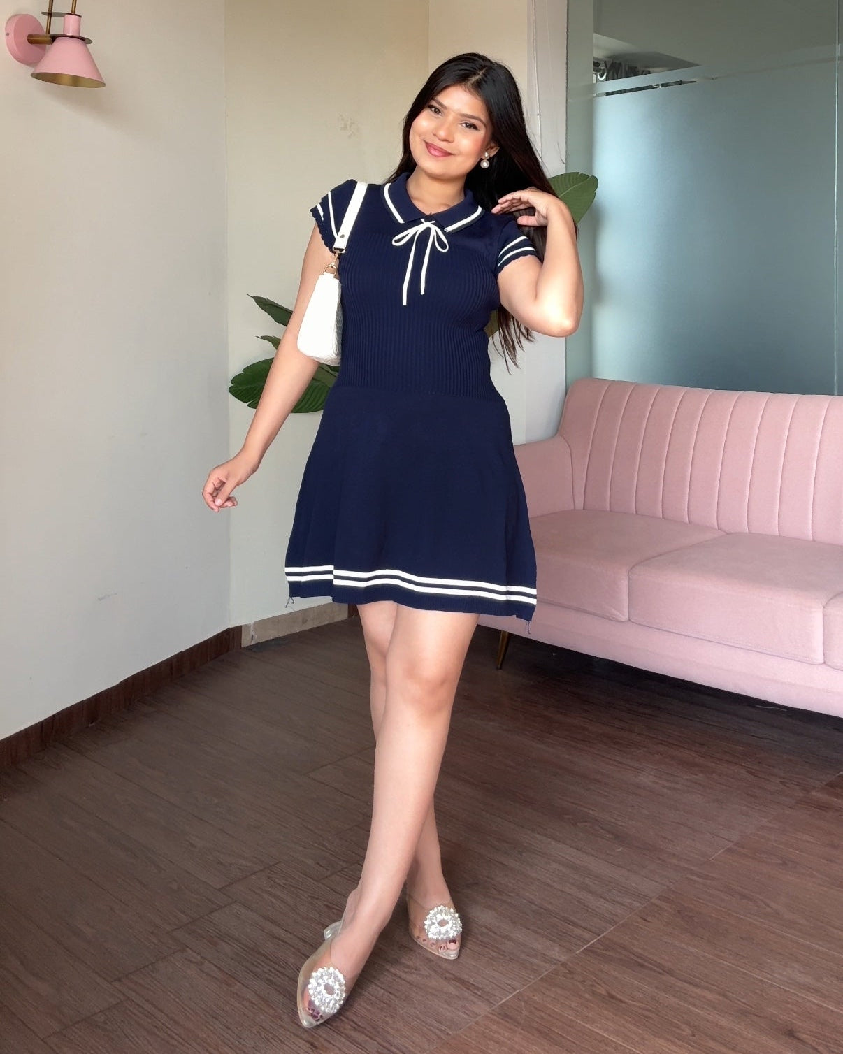 Contrast Detailing Polo Ribbed Mini Dress