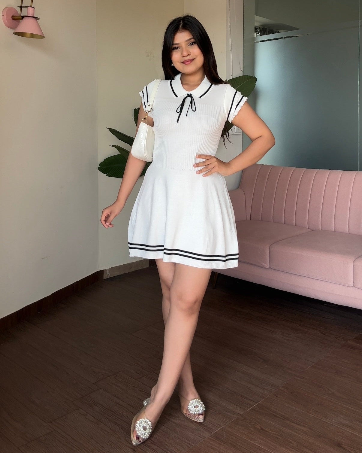 Contrast Detailing Polo Ribbed Mini Dress