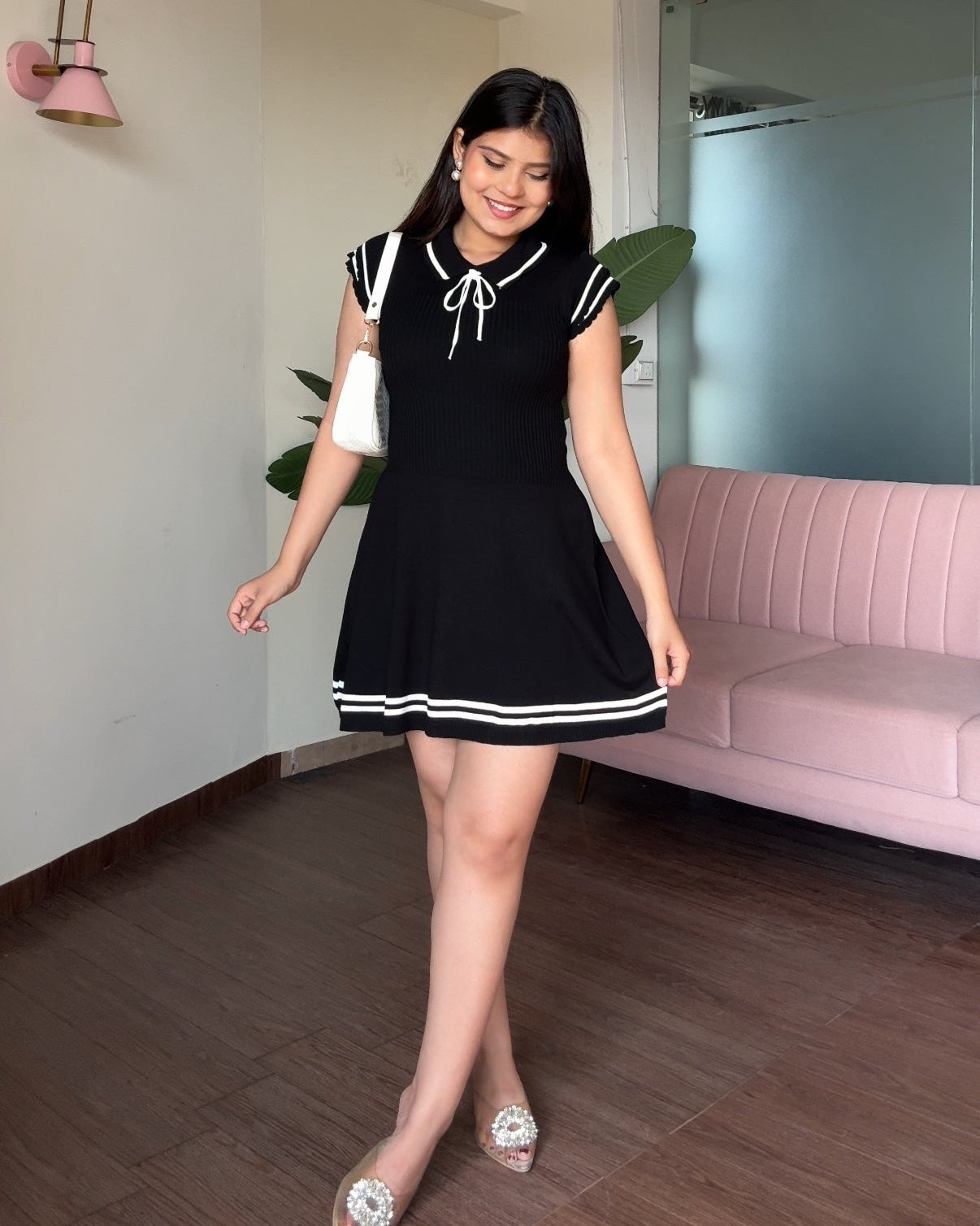 Contrast Detailing Polo Ribbed Mini Dress