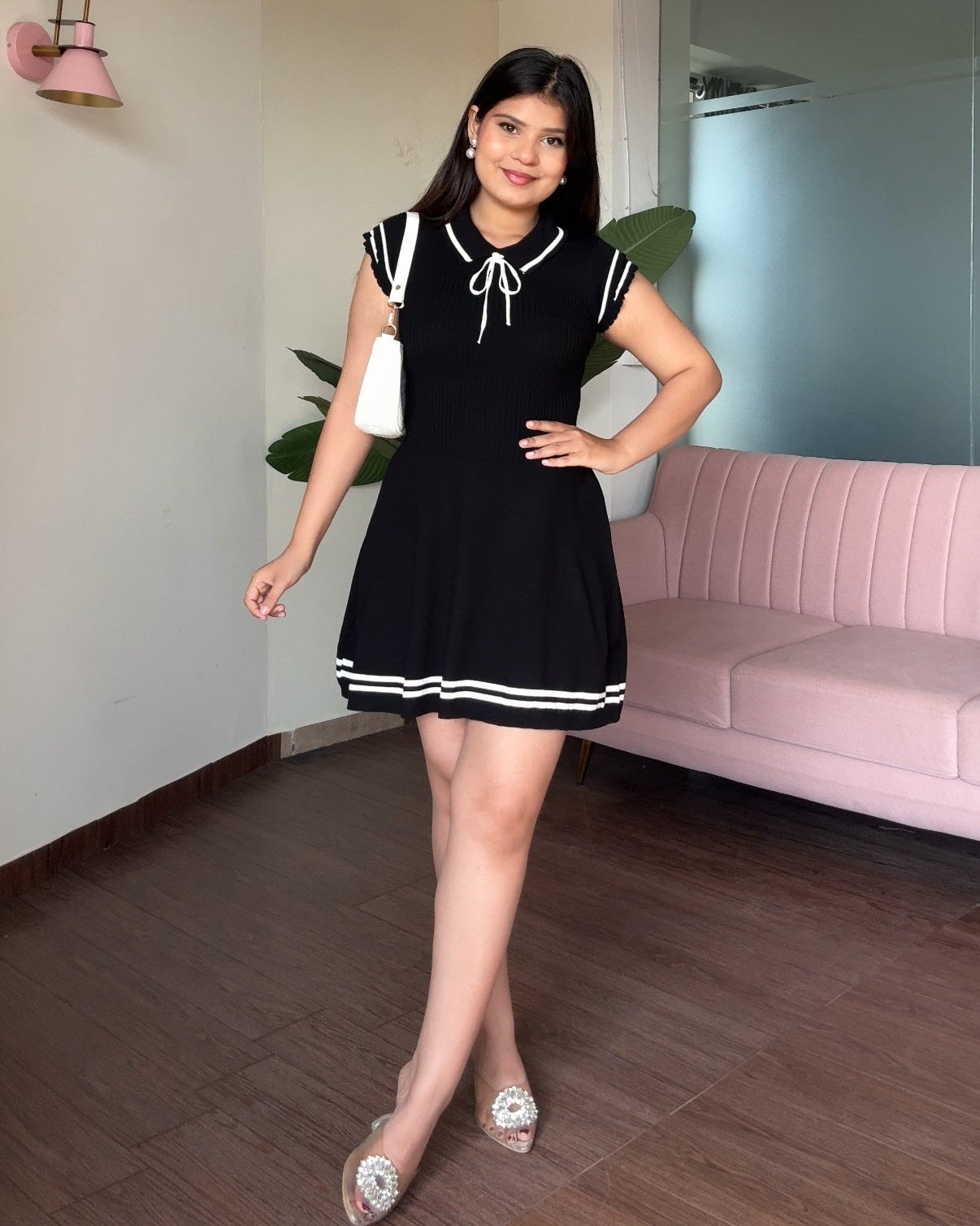 Contrast Detailing Polo Ribbed Mini Dress