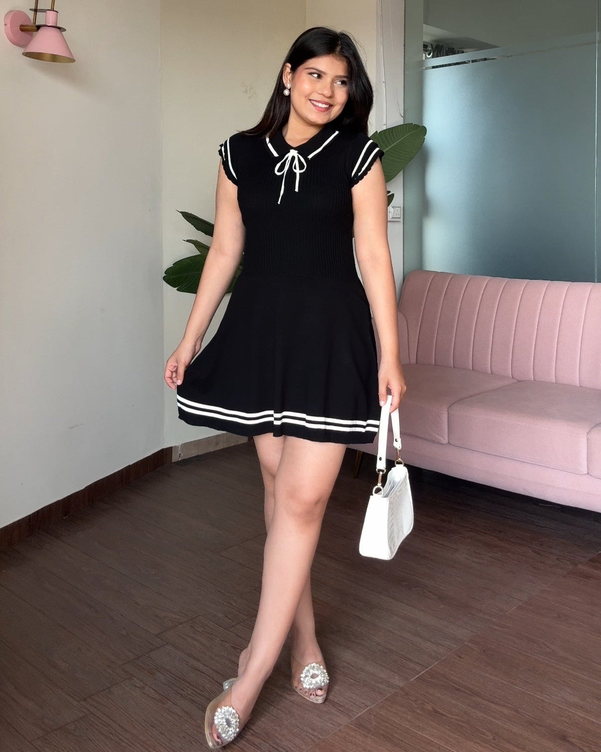 Contrast Detailing Polo Ribbed Mini Dress