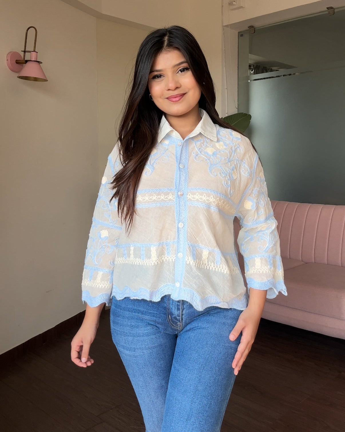 Contrast Embroidered Bell Sleeve Shirt