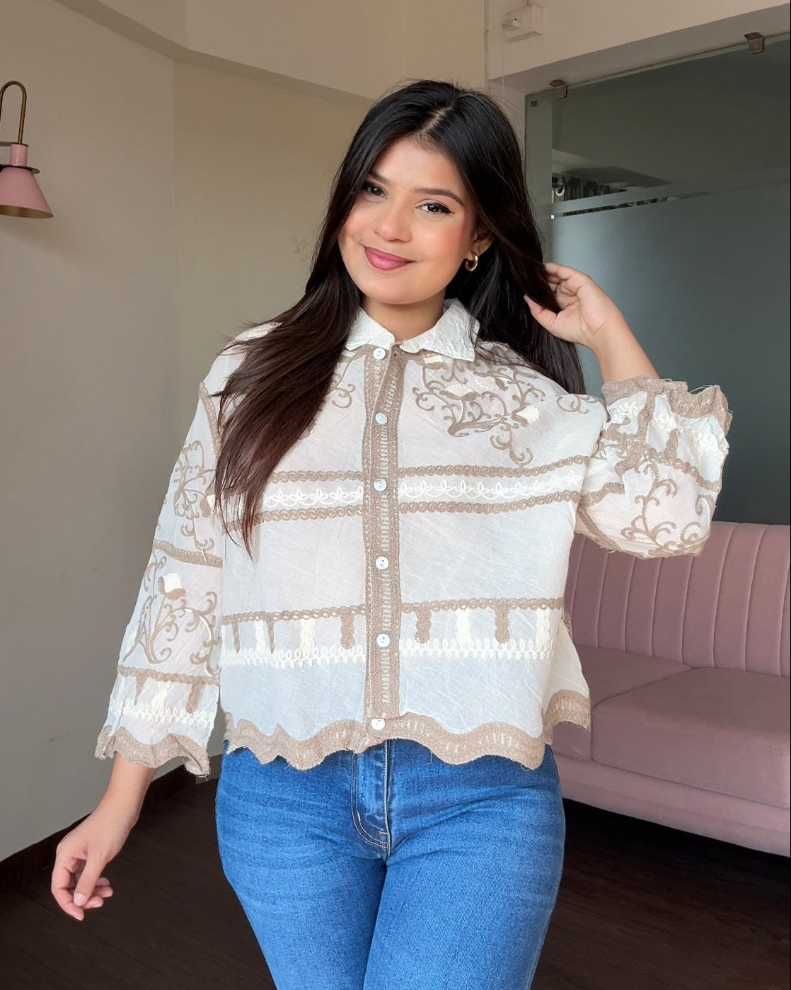 Contrast Embroidered Bell Sleeve Shirt