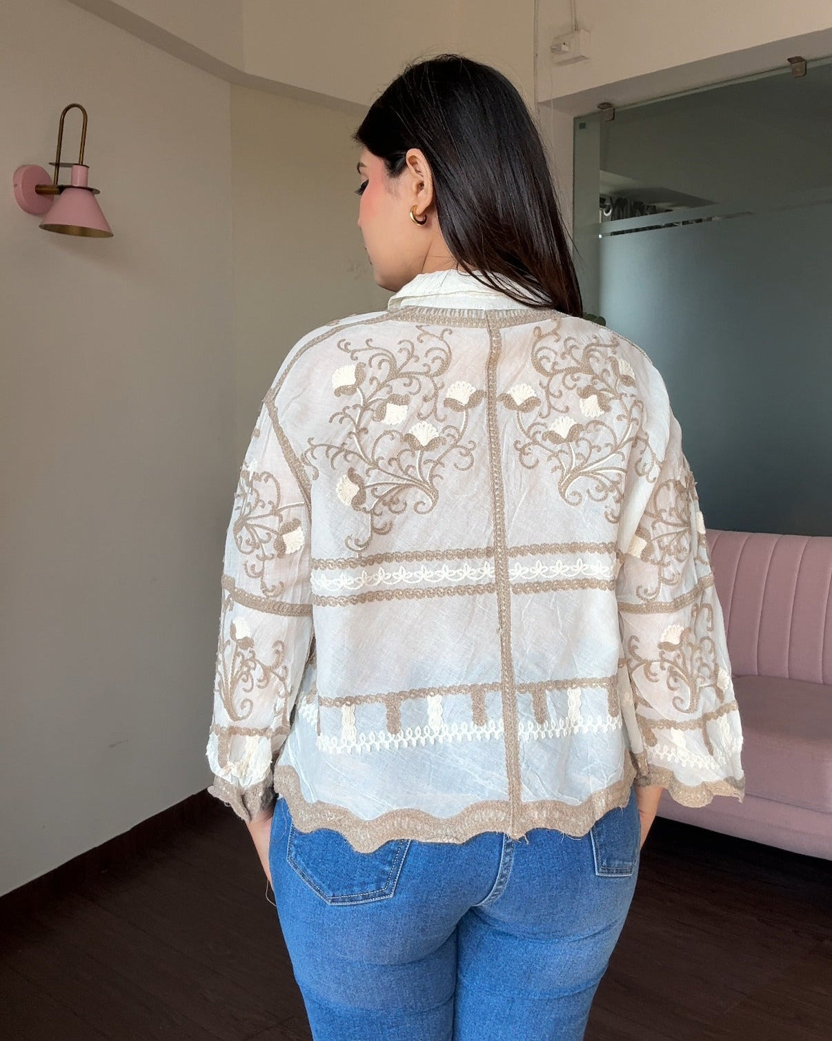 Contrast Embroidered Bell Sleeve Shirt