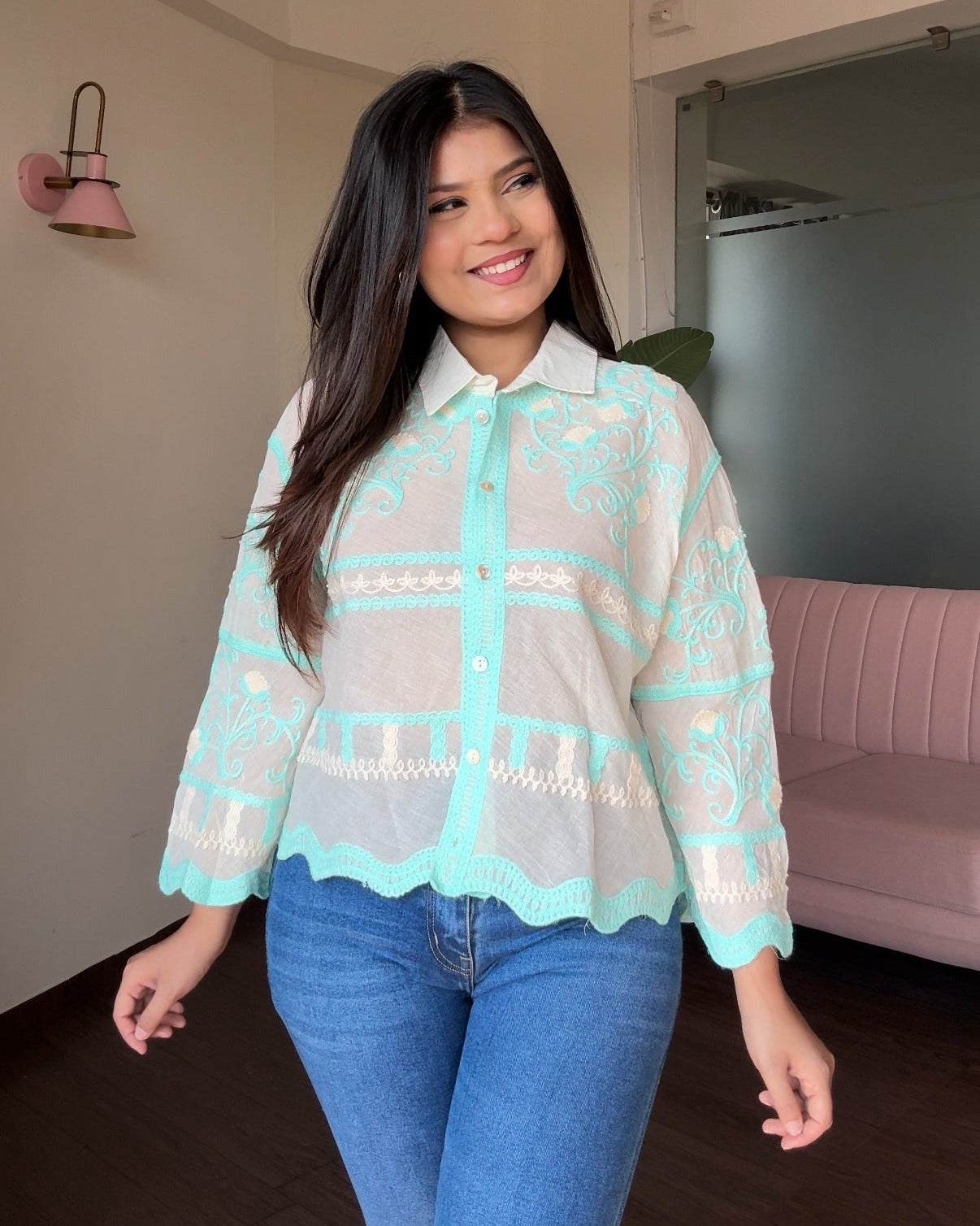 Contrast Embroidered Bell Sleeve Shirt