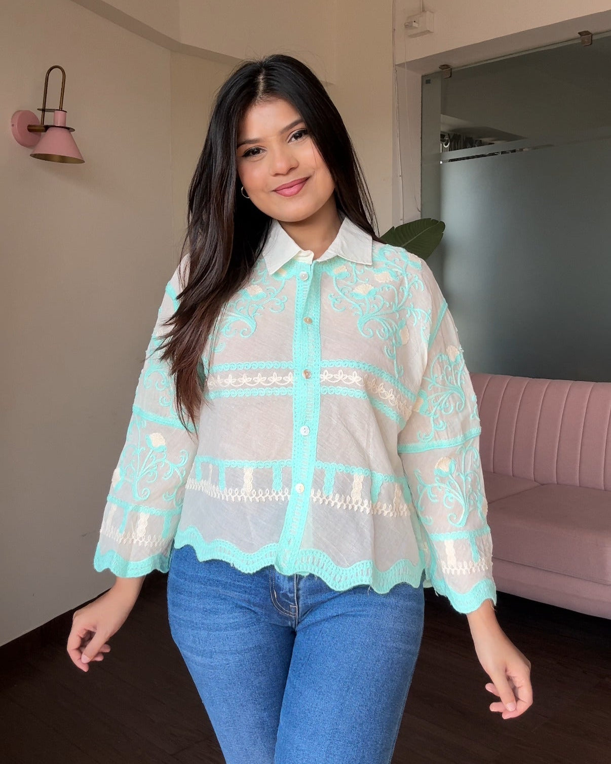Contrast Embroidered Bell Sleeve Shirt