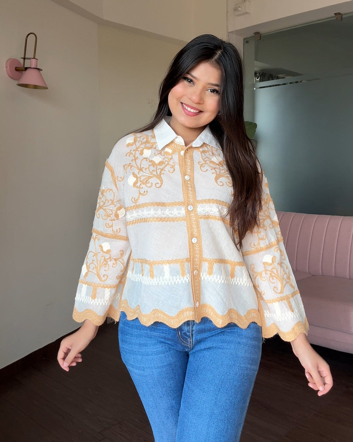 Contrast Embroidered Bell Sleeve Shirt