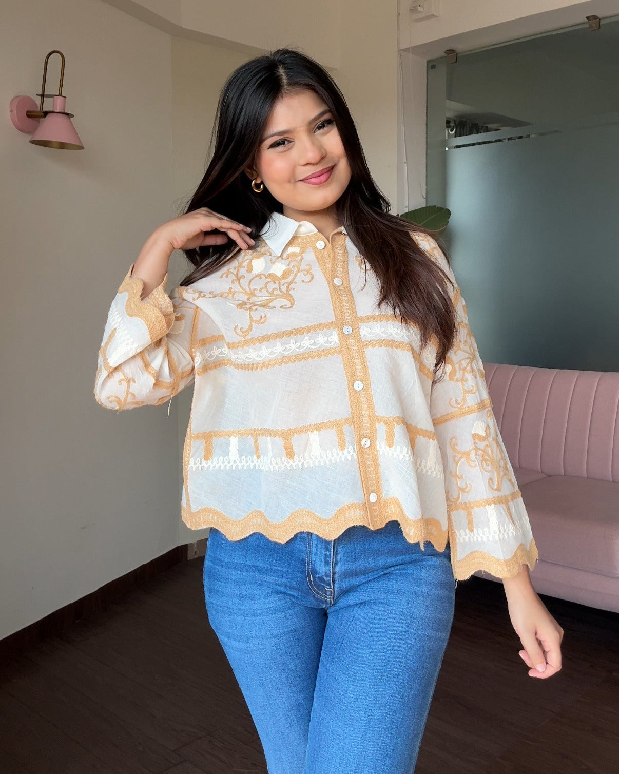 Contrast Embroidered Bell Sleeve Shirt