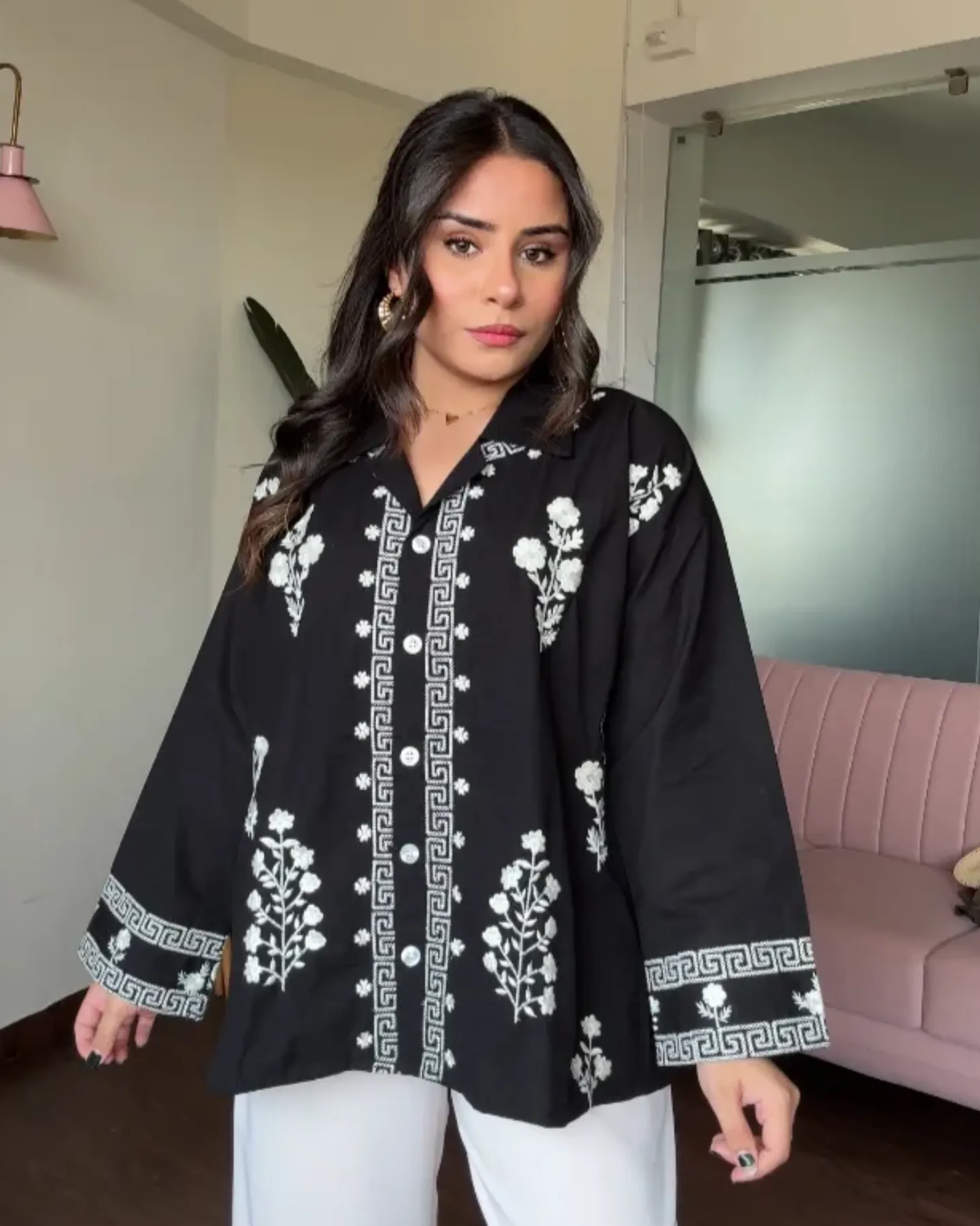 Contrast Embroidery Cotton Relexed Fit Shirt