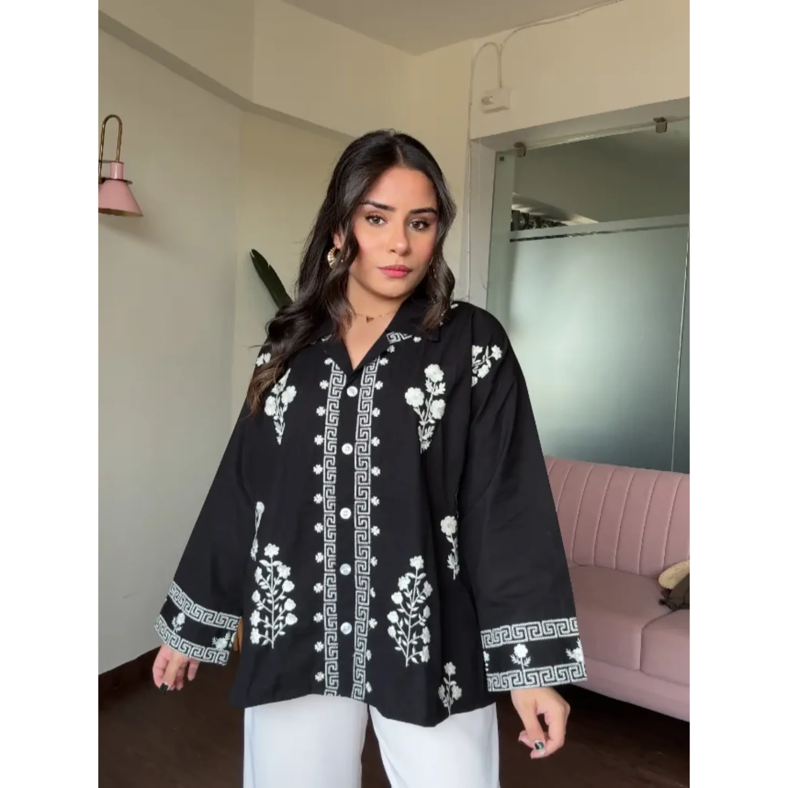 Contrast Embroidery Cotton Relexed Fit Shirt