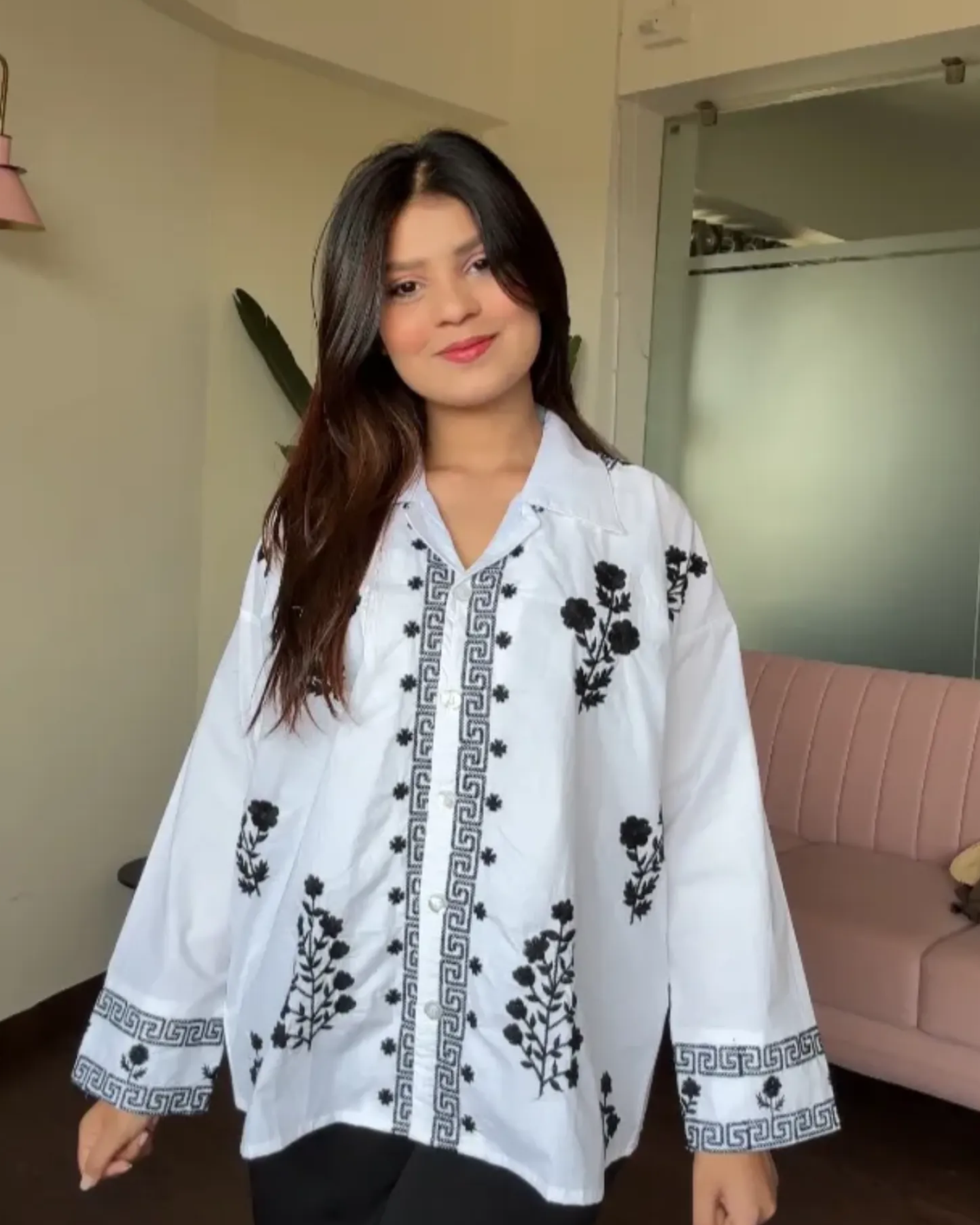 Contrast Embroidery Cotton Relexed Fit Shirt