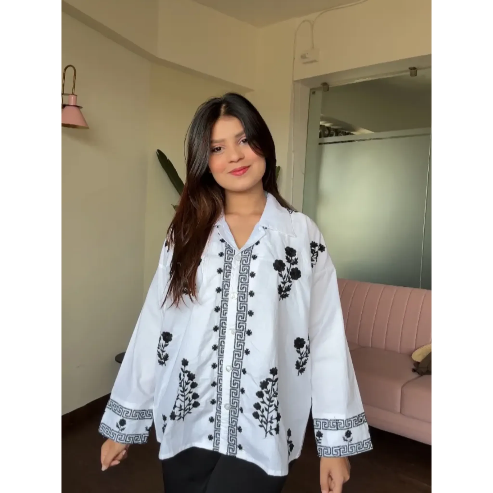 Contrast Embroidery Cotton Relexed Fit Shirt