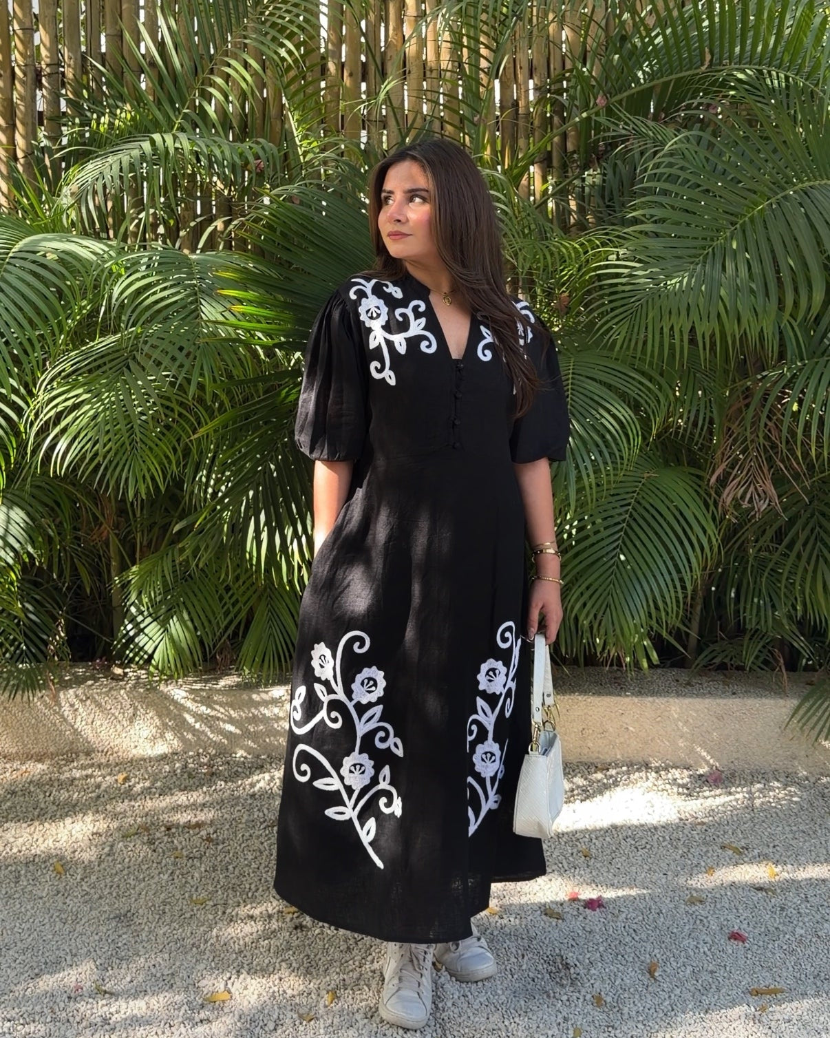 Contrast Embroidery V Neck Flowy Cotton Dress