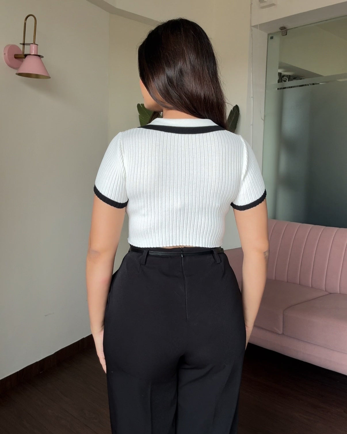 Contrast Polo Button-Up Ribbed Knitted Top