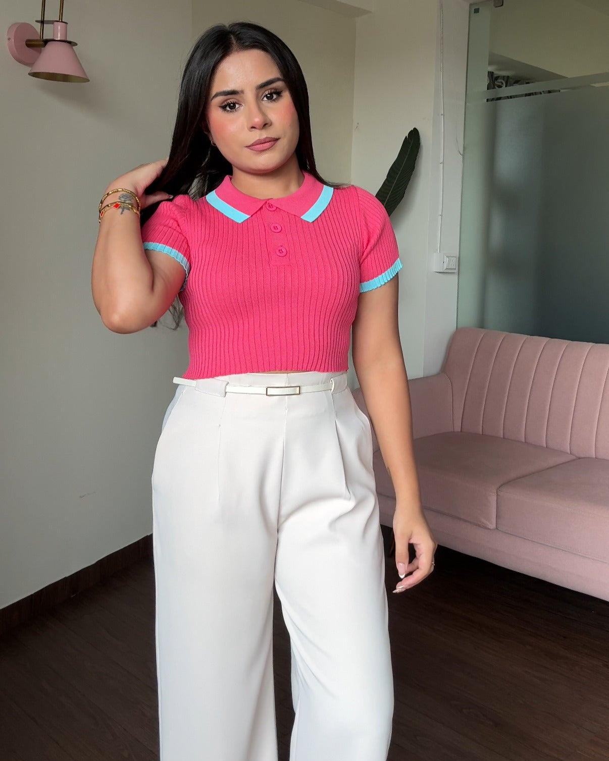 Contrast Polo Button Up Ribbed Knitted Top