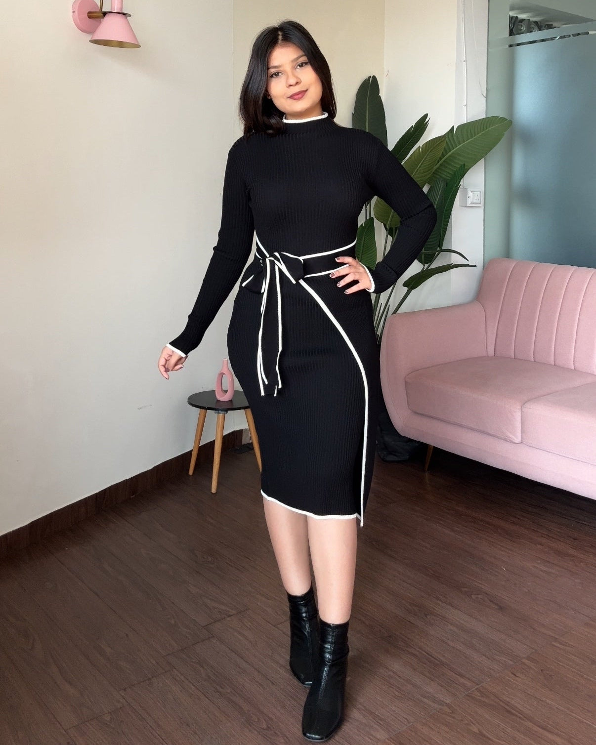 Contrast Tie Up High Neck Ribbed Knitted Winter Dress