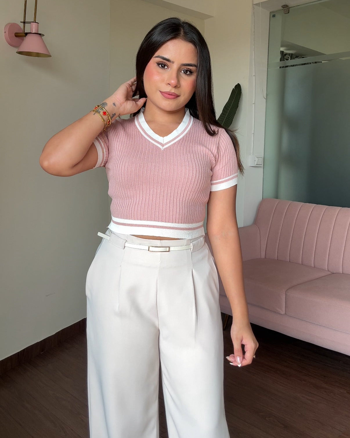 Contrast V Neck Ribbed Fitted Top