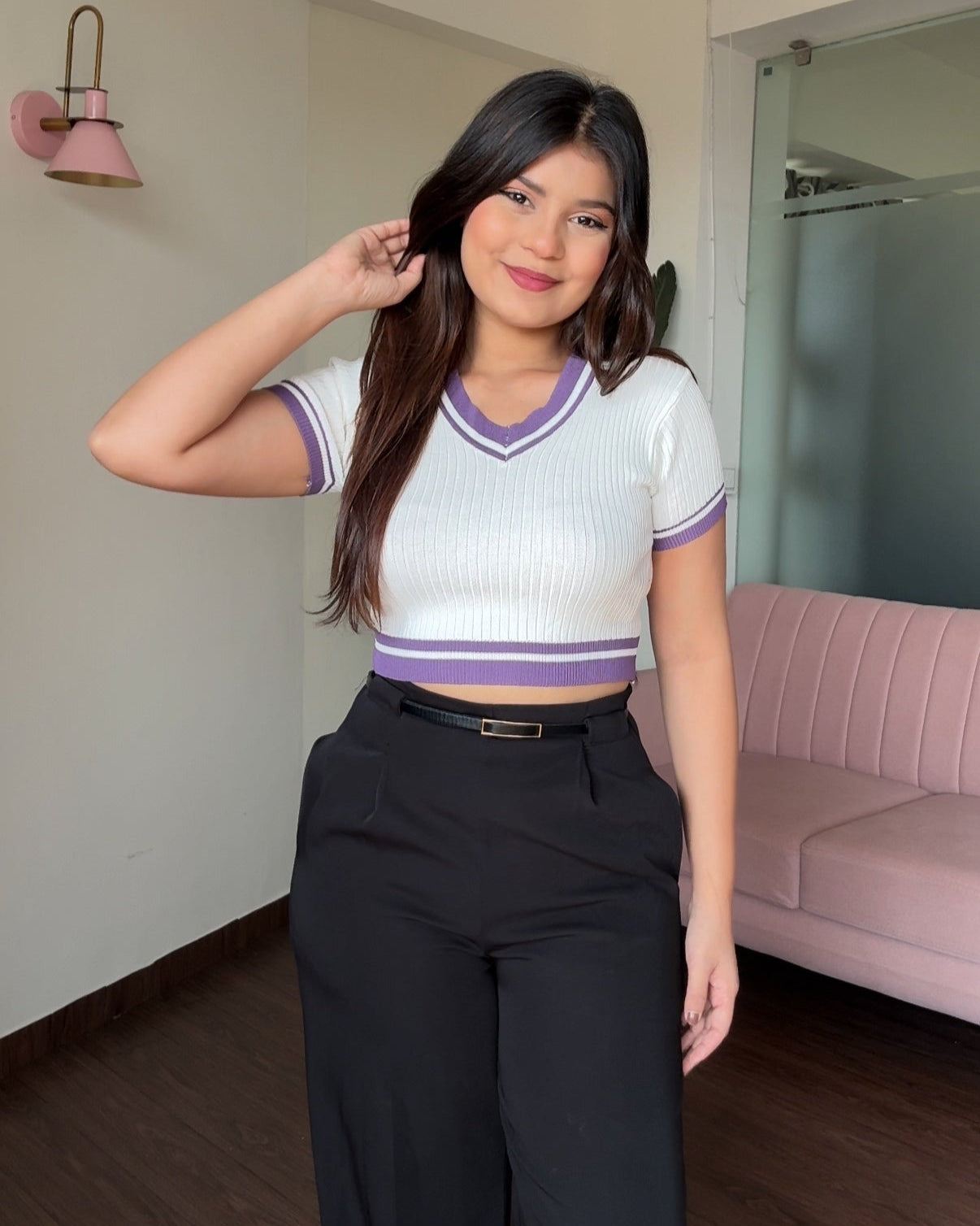 Contrast V Neck Ribbed Fitted Top