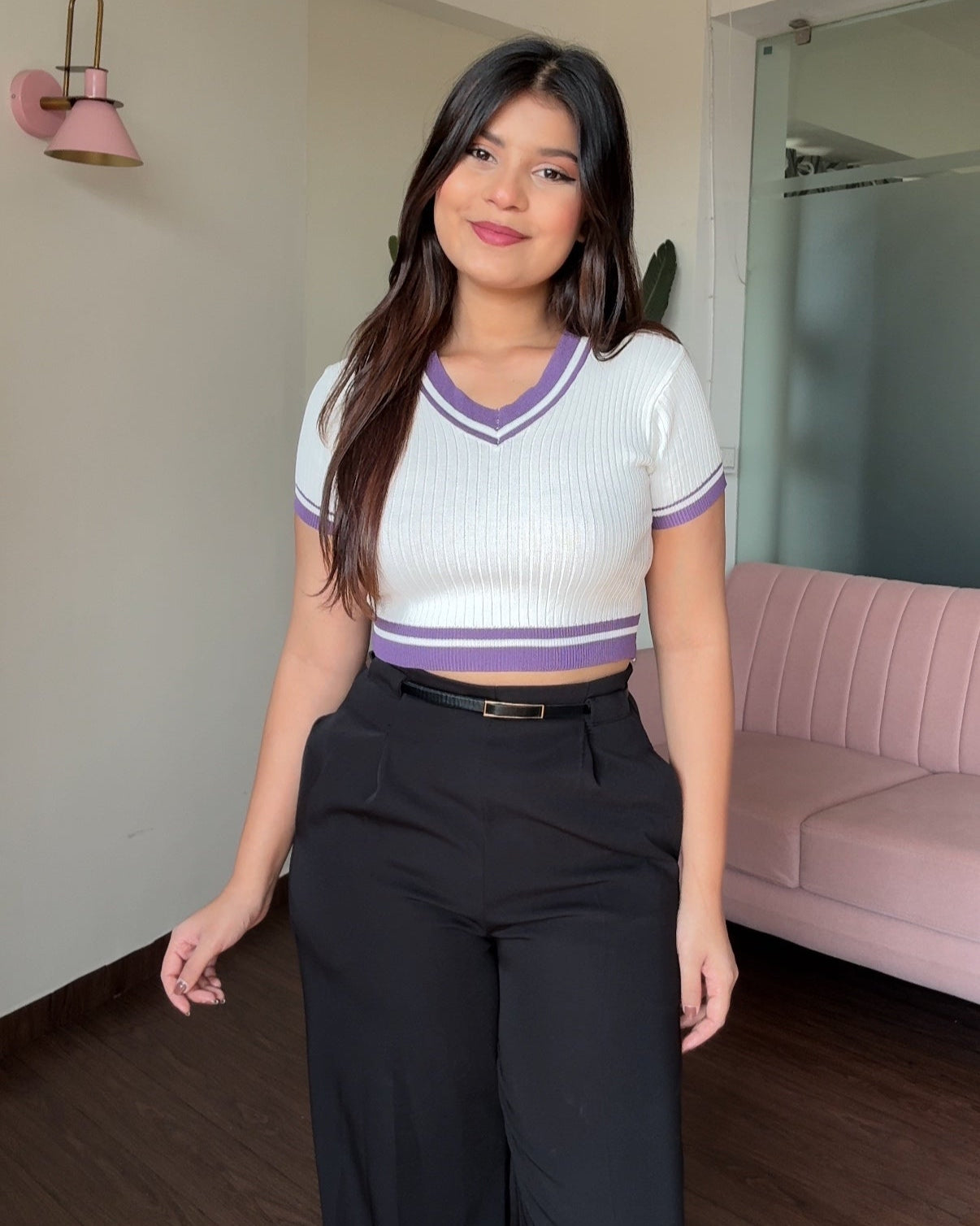 Contrast V Neck Ribbed Fitted Top