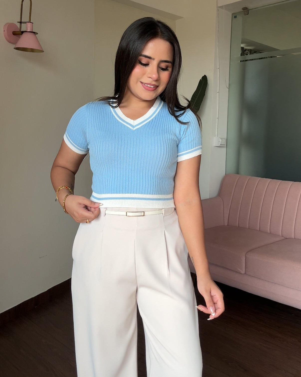 Contrast V Neck Ribbed Fitted Top