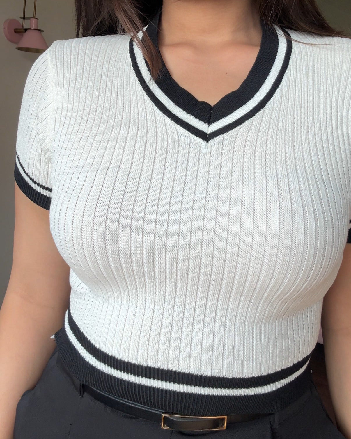 Contrast V Neck Ribbed Fitted Top