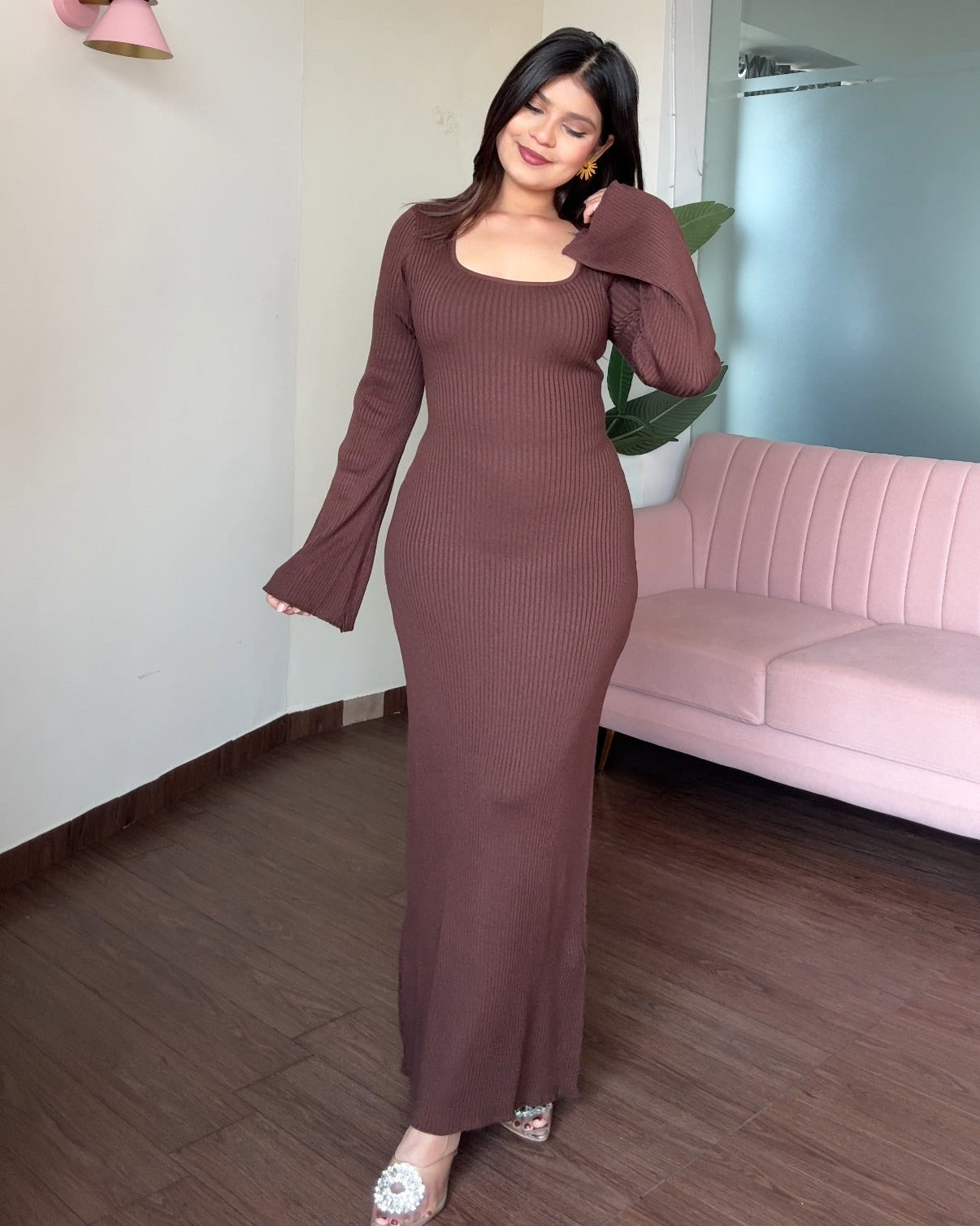 Corset Back Bell Sleeve Ribbed Maxi Dress