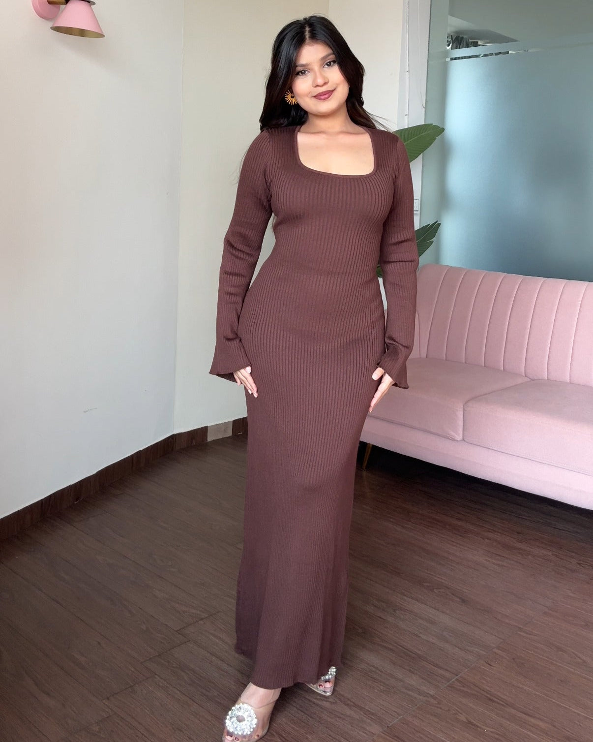 Corset Back Bell Sleeve Ribbed Maxi Dress