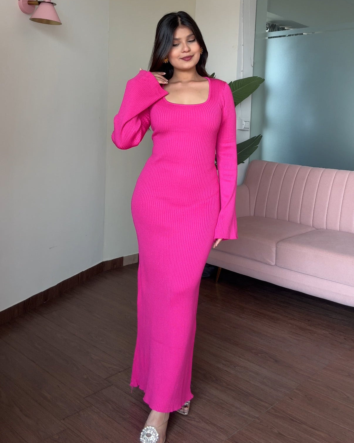 Corset Back Bell Sleeve Ribbed Maxi Dress