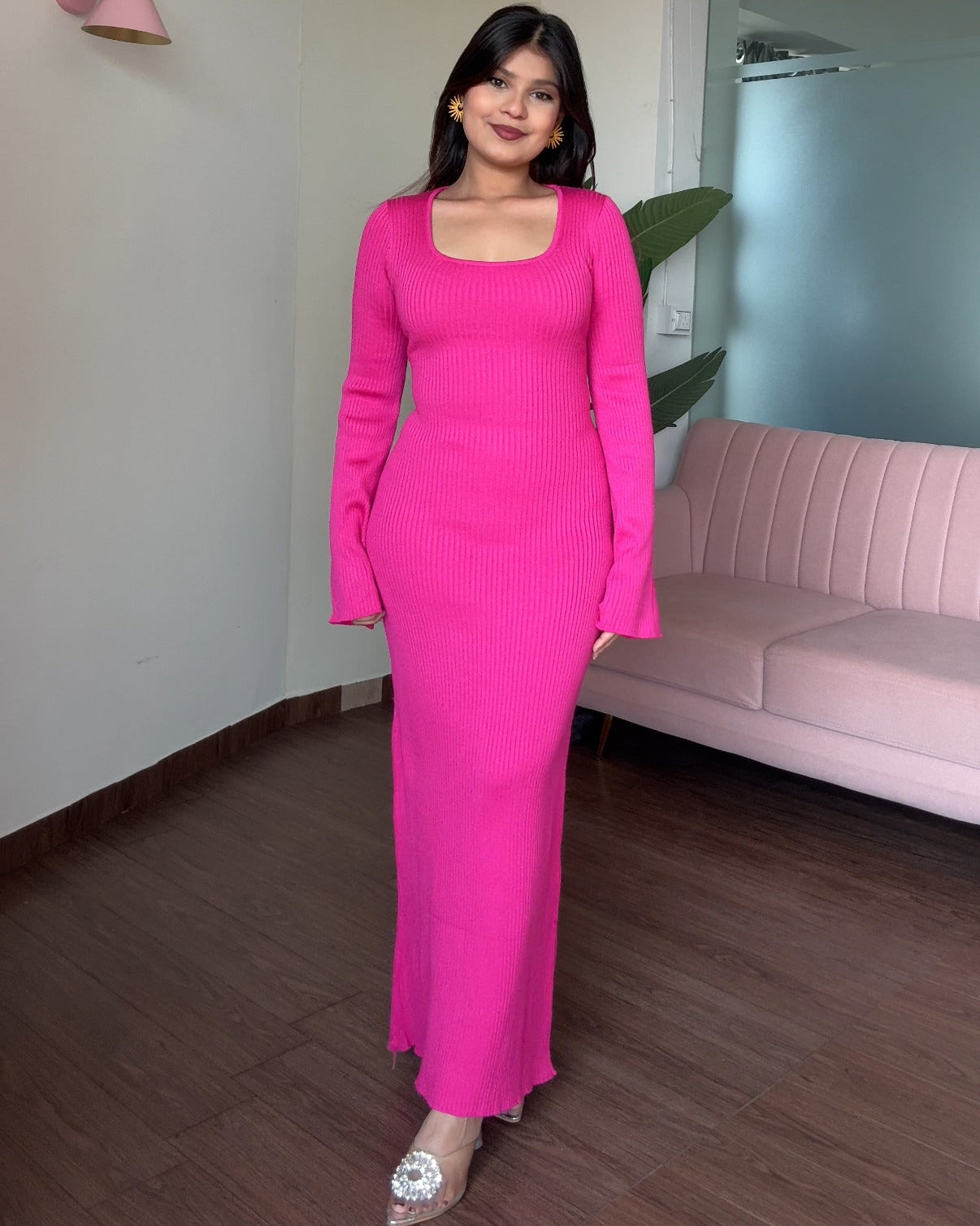 Corset Back Bell Sleeve Ribbed Maxi Dress