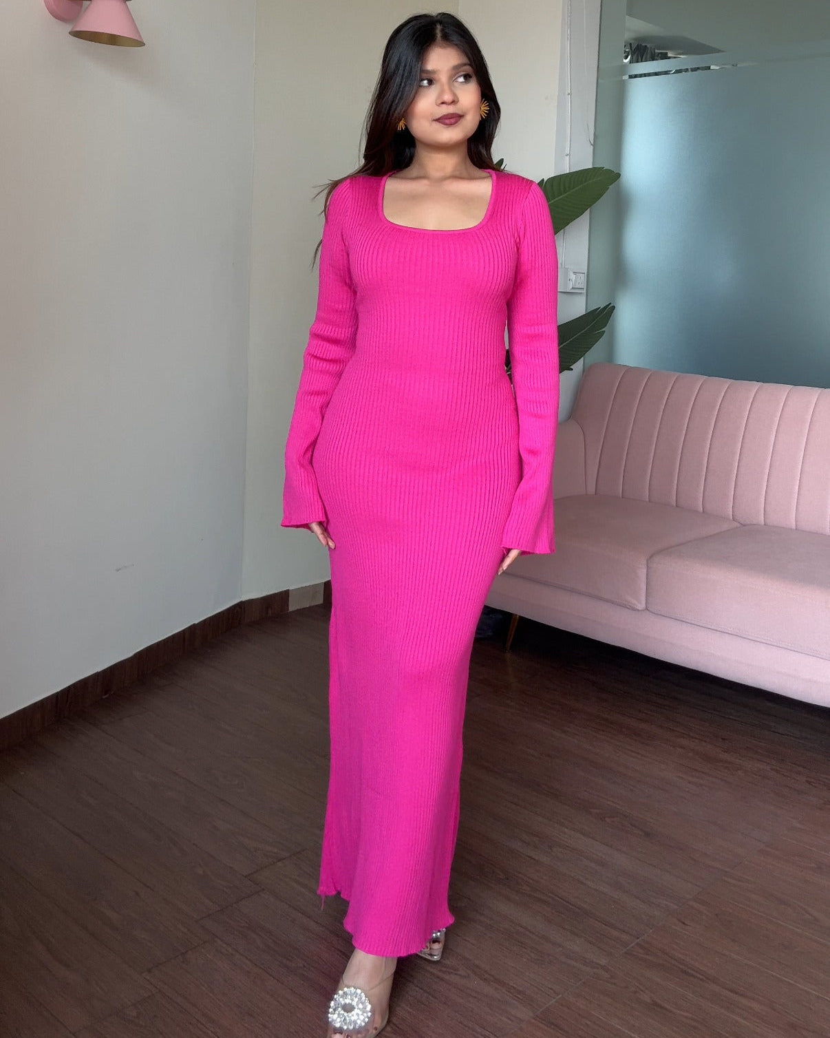 Corset Back Bell Sleeve Ribbed Maxi Dress