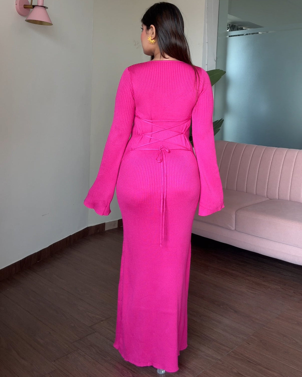 Corset Back Bell Sleeve Ribbed Maxi Dress