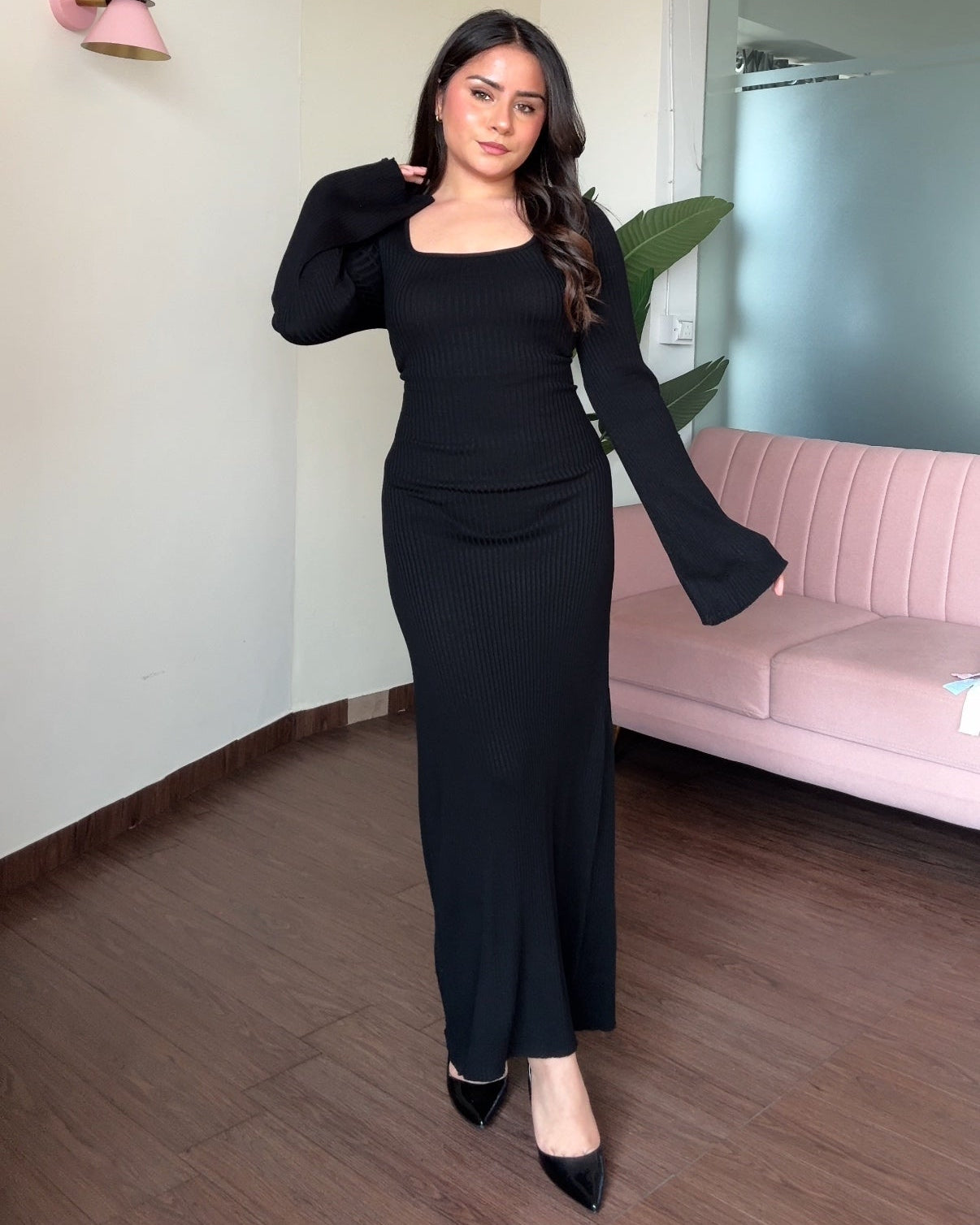 Corset Back Bell Sleeve Ribbed Maxi Dress
