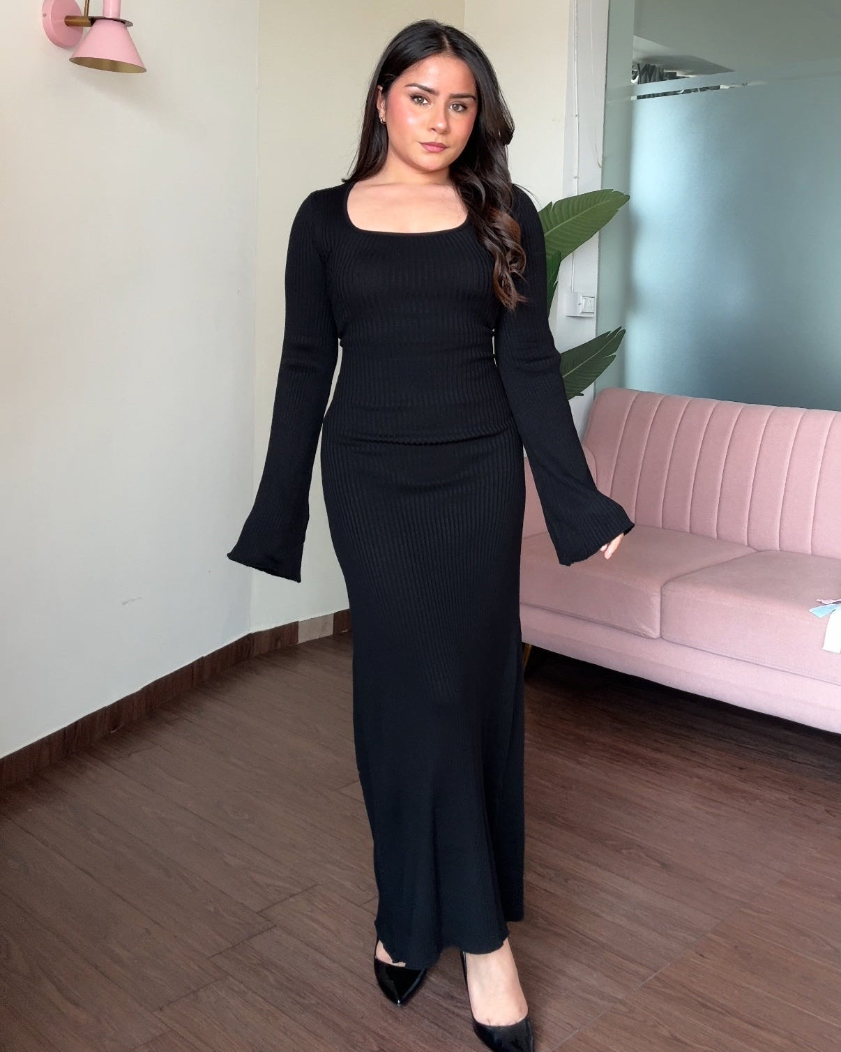 Corset Back Bell Sleeve Ribbed Maxi Dress