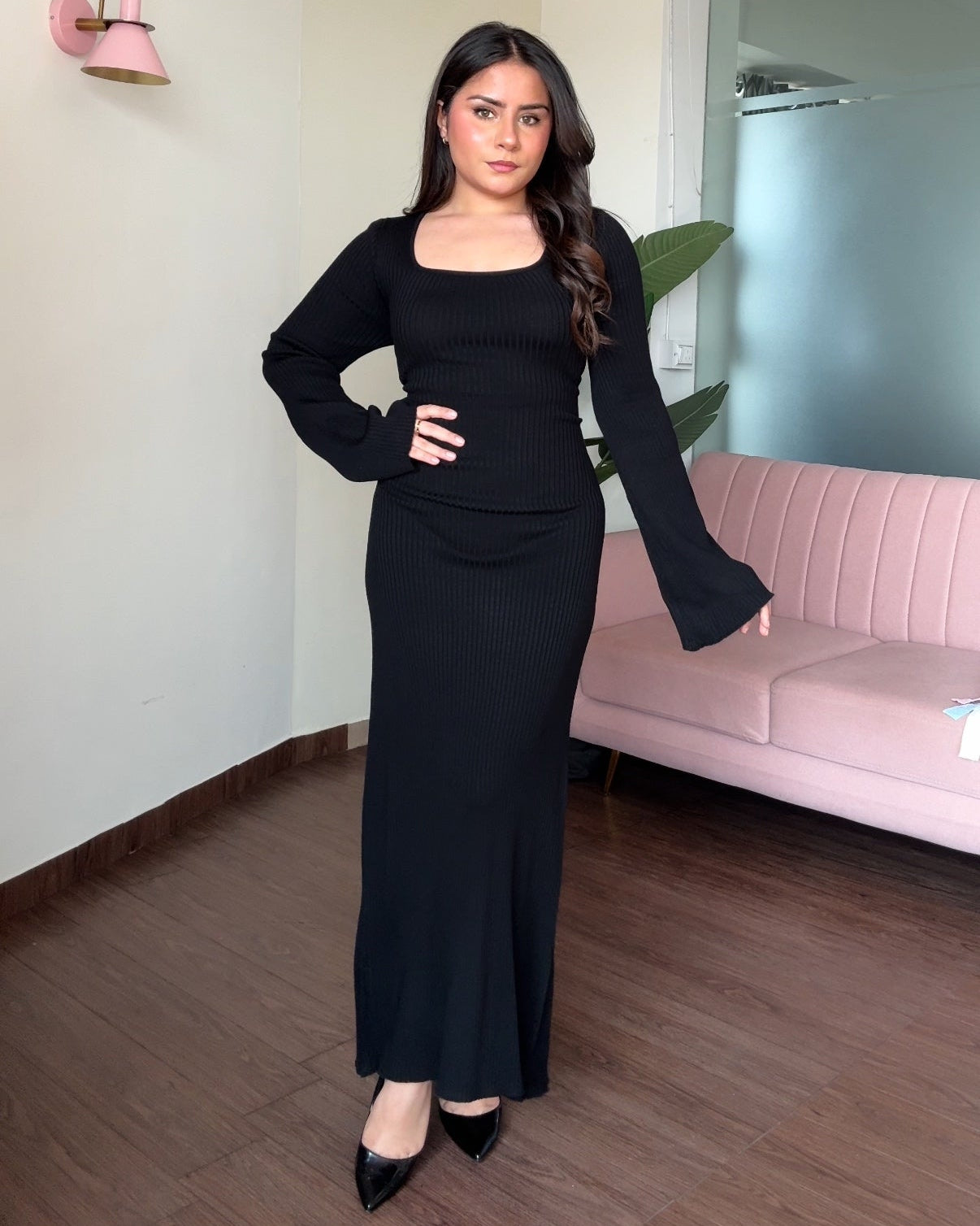 Corset Back Bell Sleeve Ribbed Maxi Dress