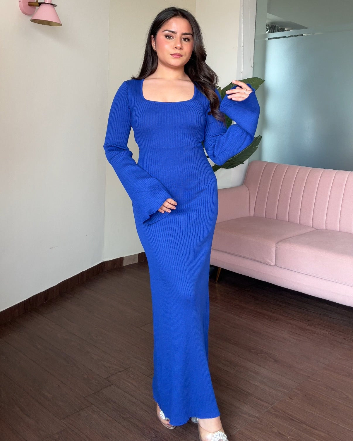 Corset Back Bell Sleeve Ribbed Maxi Dress