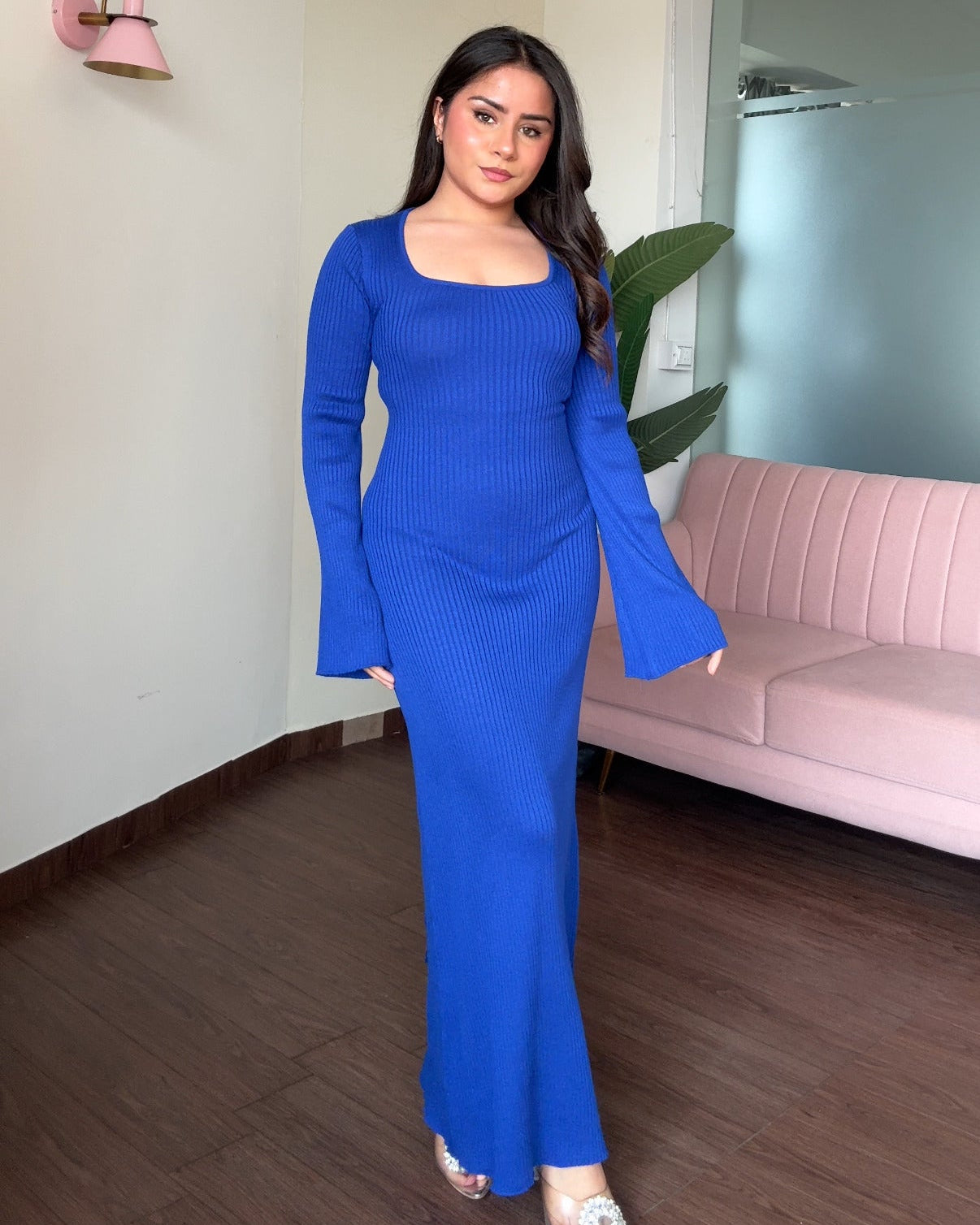 Corset Back Bell Sleeve Ribbed Maxi Dress