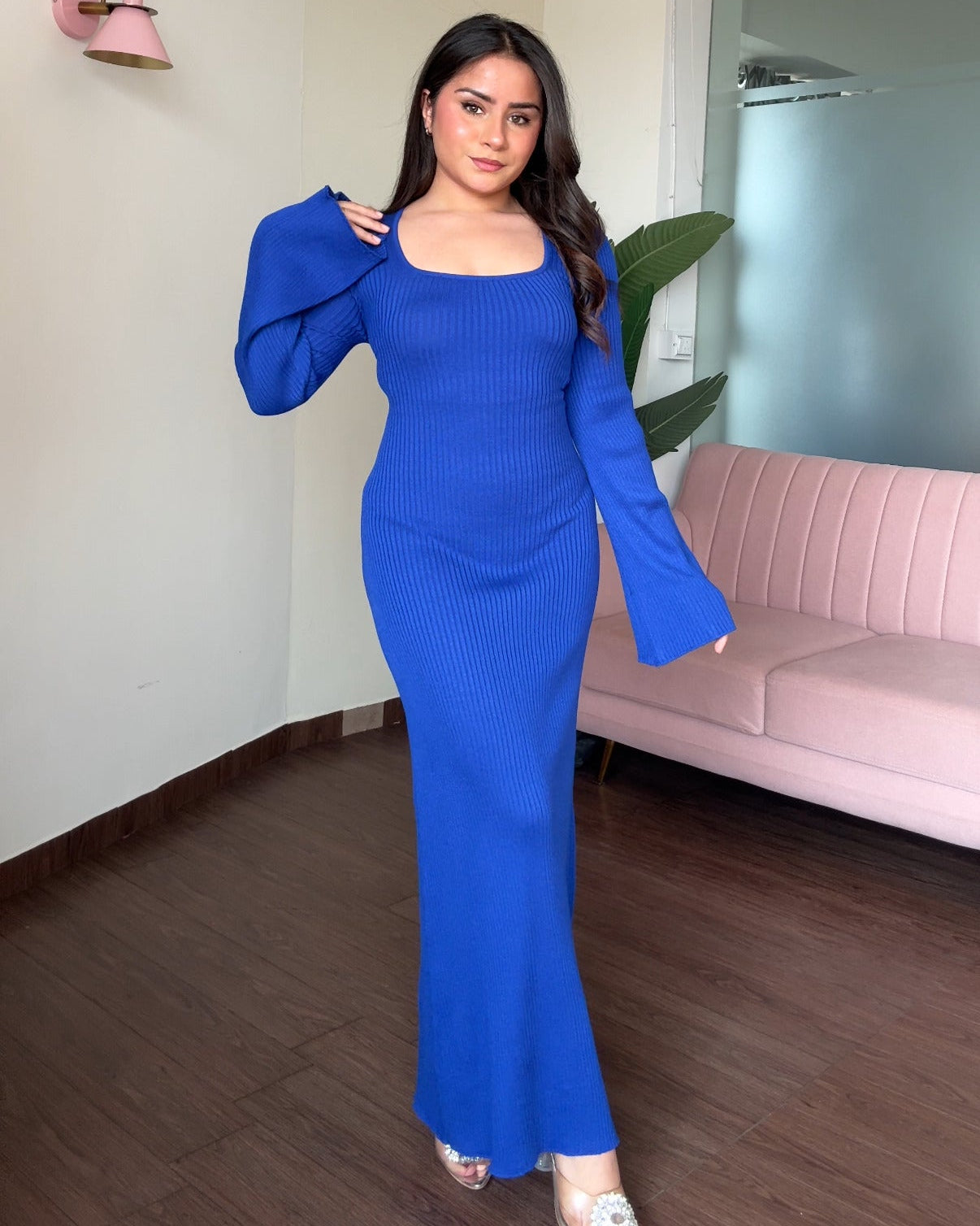 Corset Back Bell Sleeve Ribbed Maxi Dress