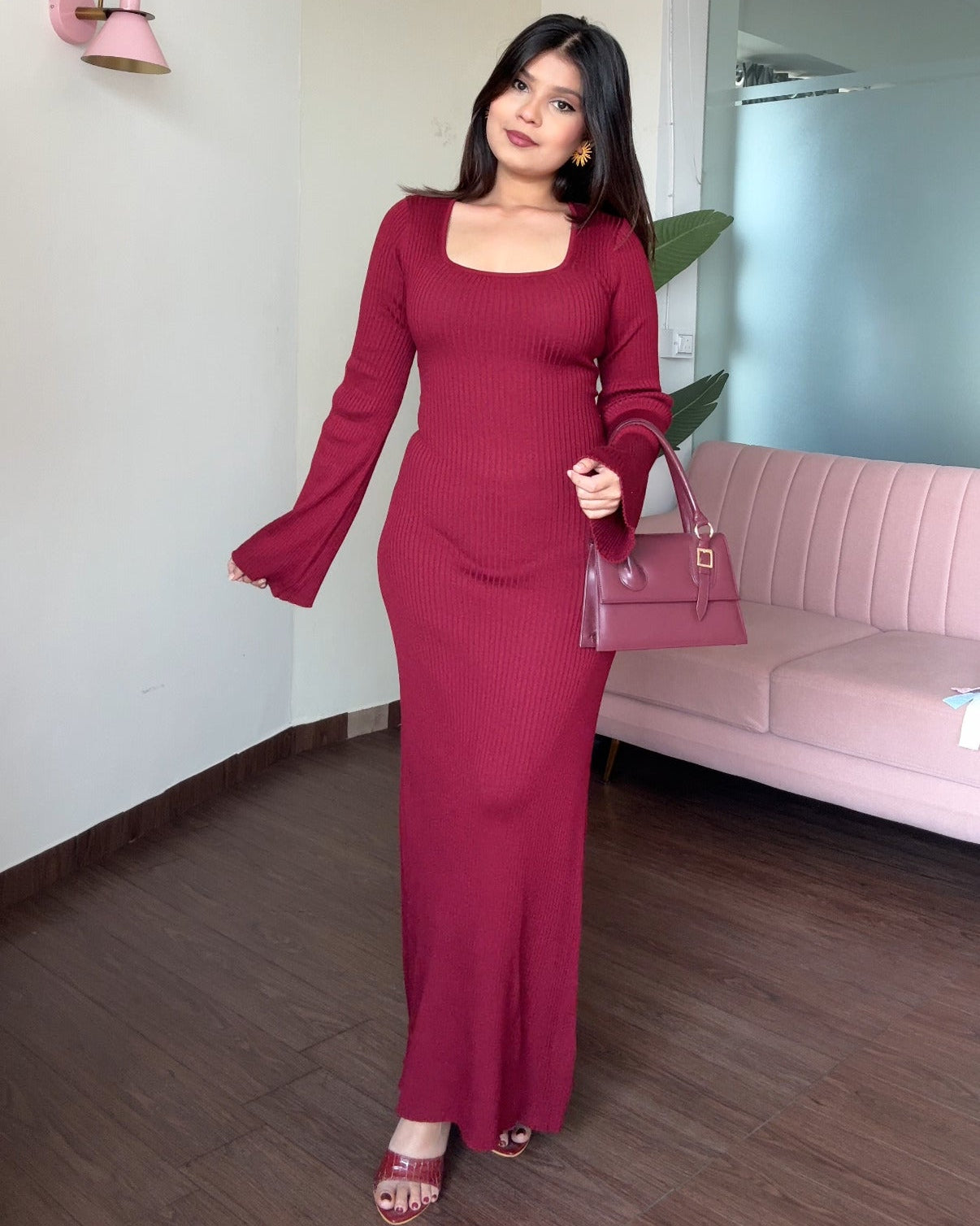 Corset Back Bell Sleeve Ribbed Maxi Dress