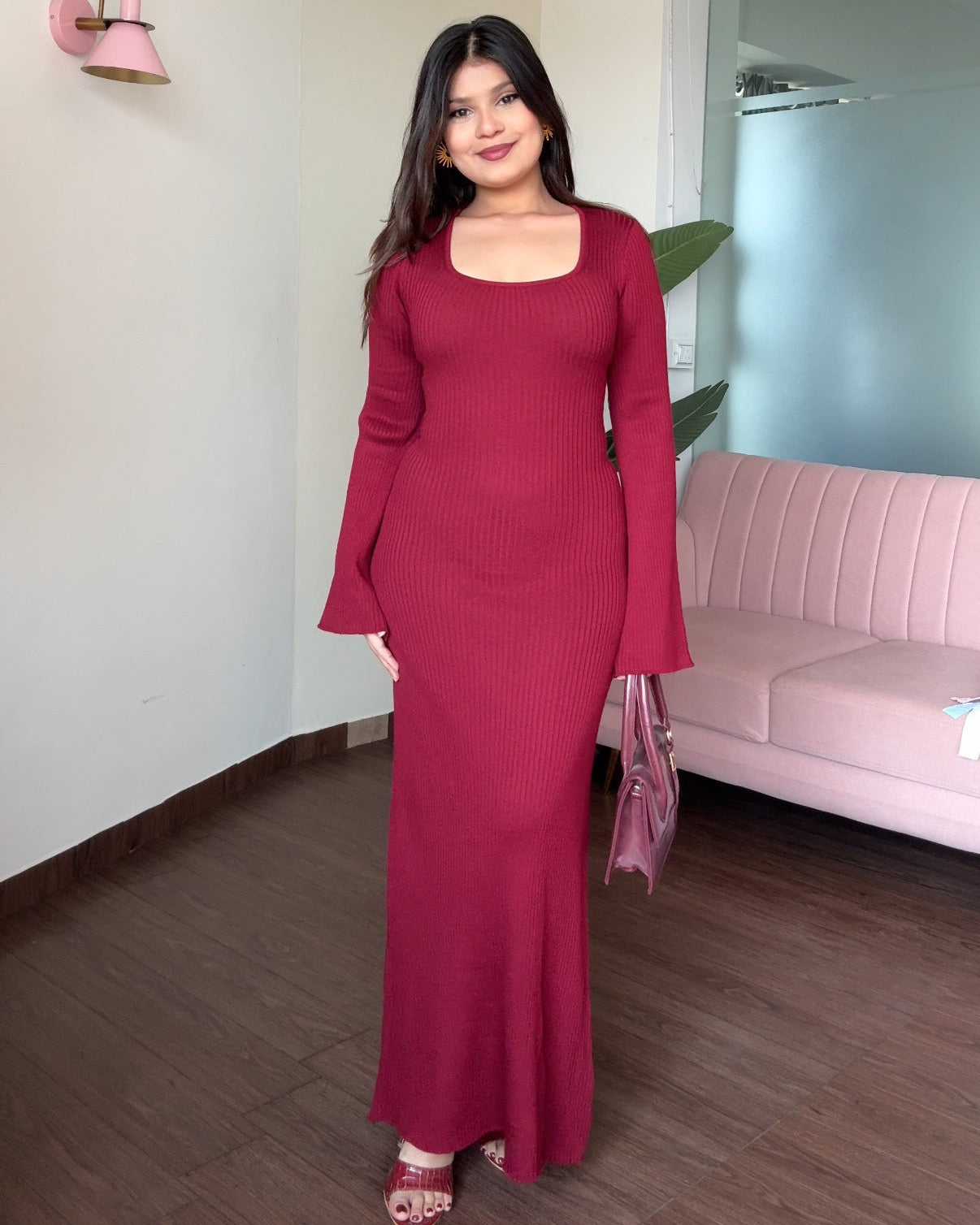 Corset Back Bell Sleeve Ribbed Maxi Dress