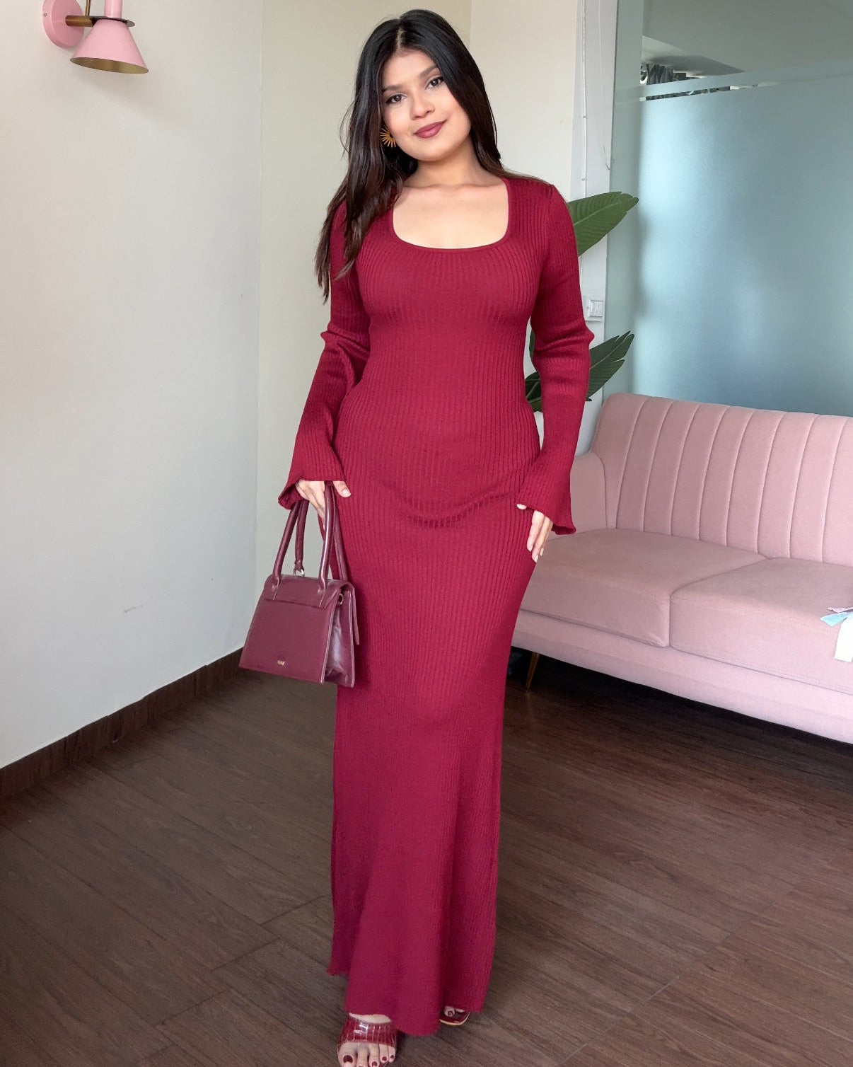 Corset Back Bell Sleeve Ribbed Maxi Dress