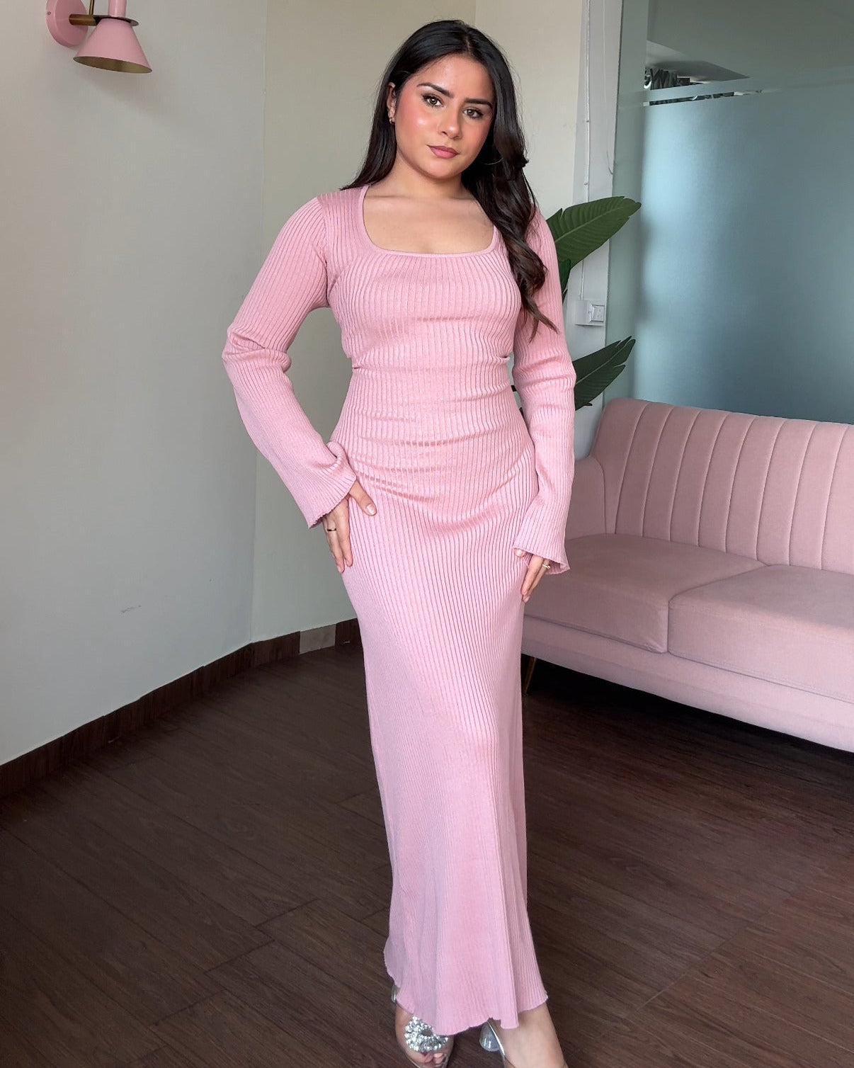Corset Back Bell Sleeve Ribbed Maxi Dress