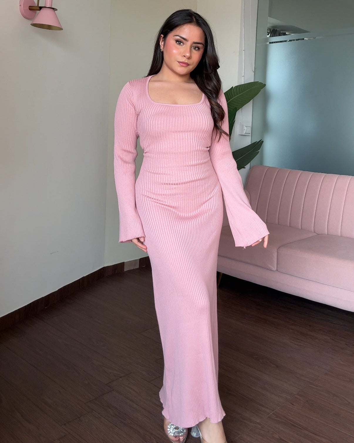 Corset Back Bell Sleeve Ribbed Maxi Dress