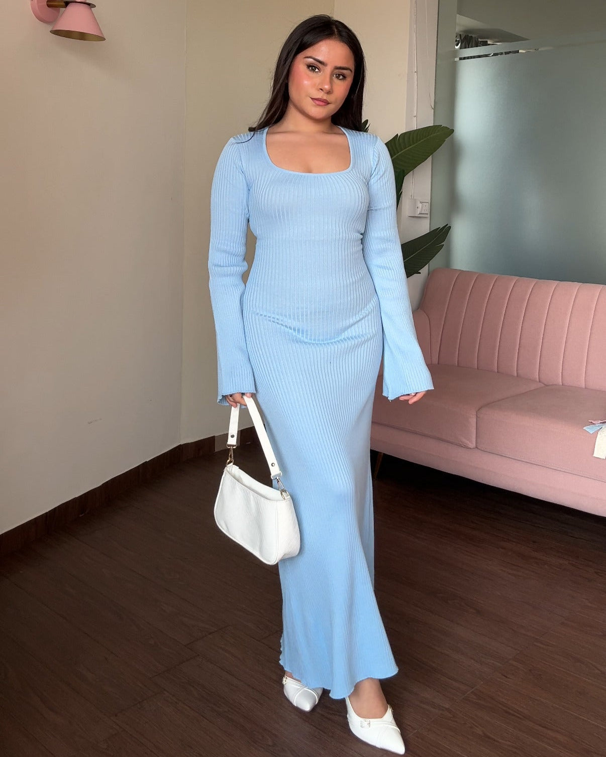 Corset Back Bell Sleeve Ribbed Maxi Dress