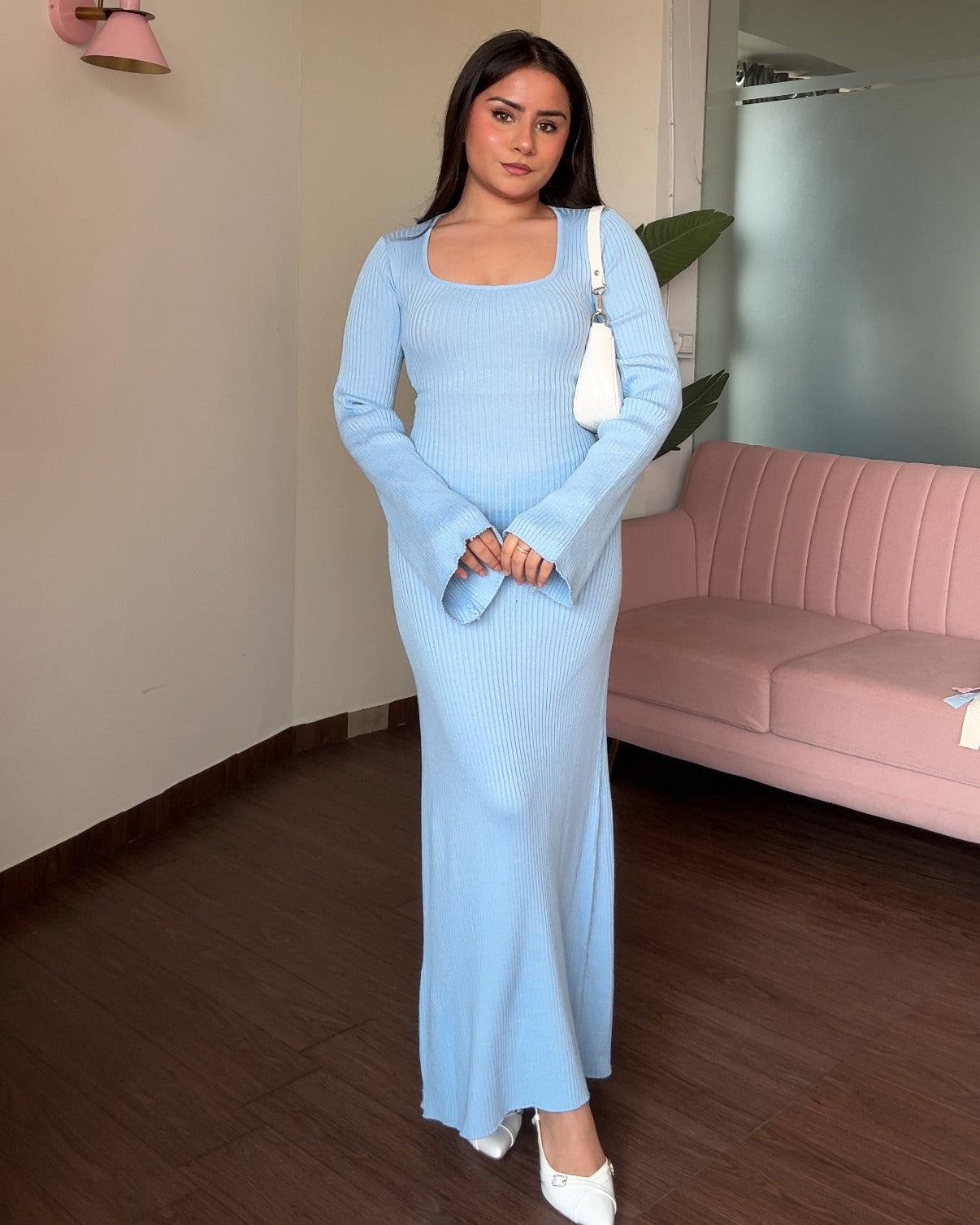 Corset Back Bell Sleeve Ribbed Maxi Dress