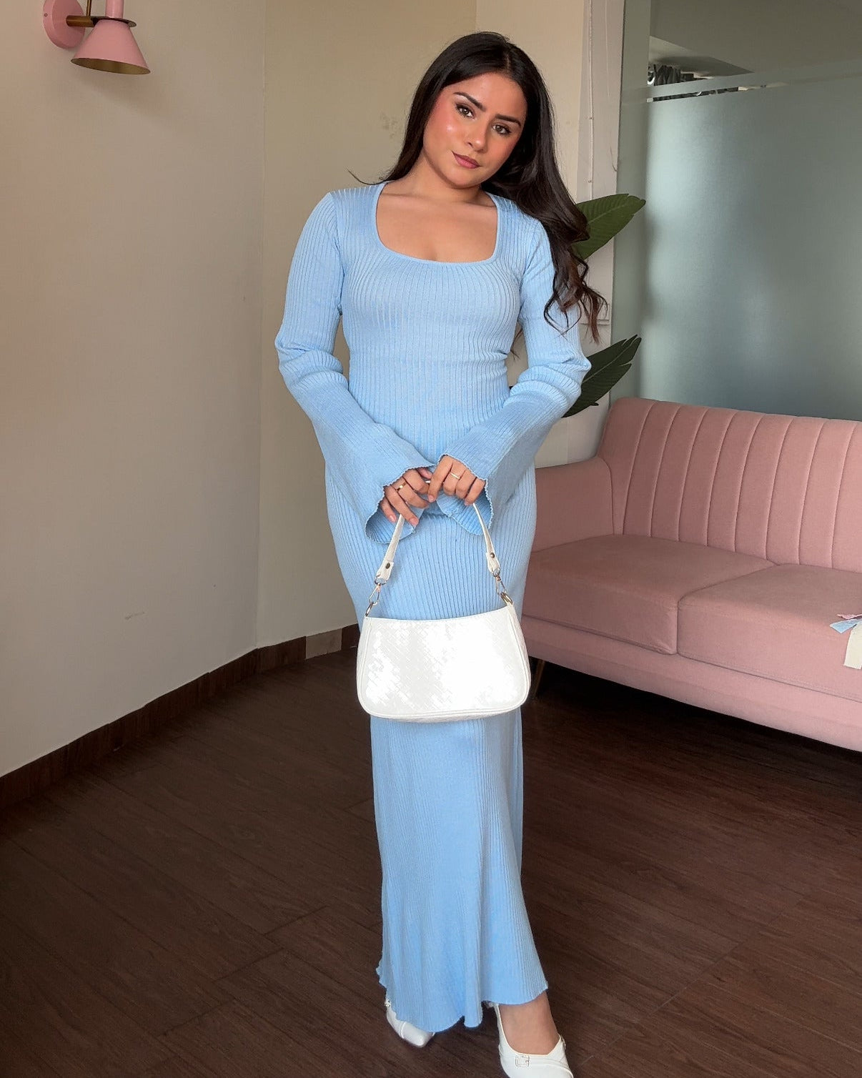 Corset Back Bell Sleeve Ribbed Maxi Dress