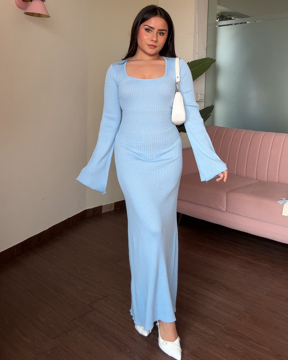 Corset Back Bell Sleeve Ribbed Maxi Dress