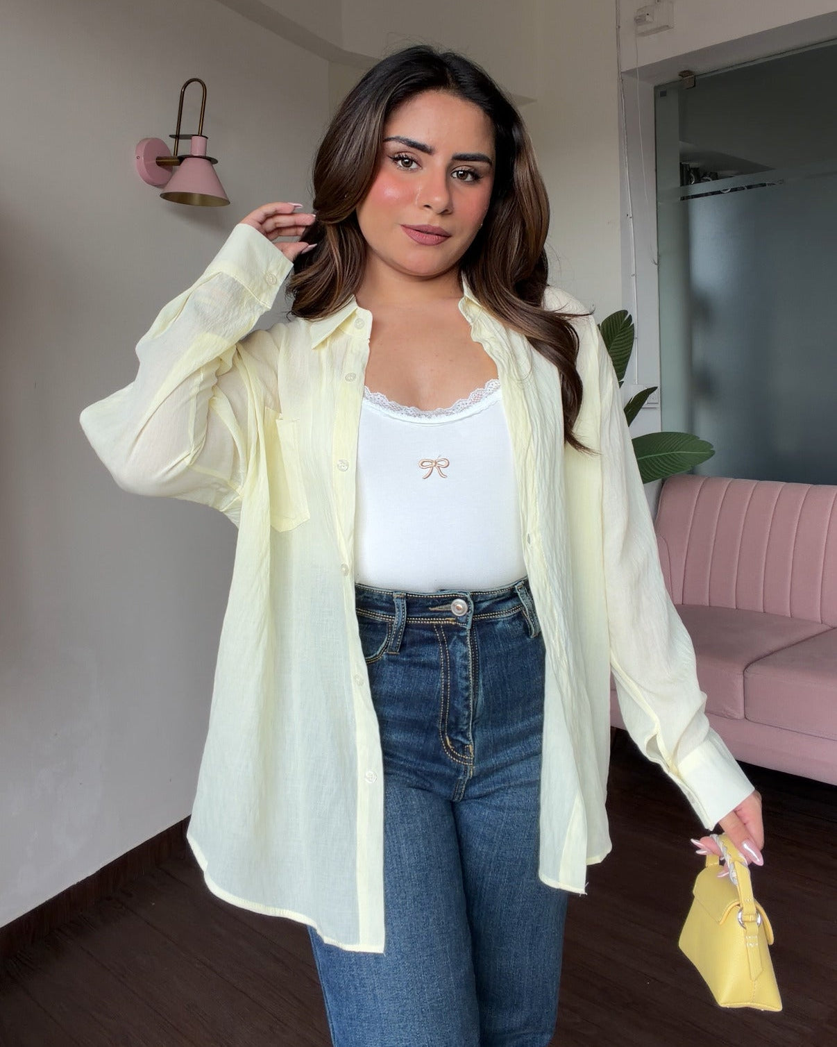 Cotton Solid Shirt With Bow Detailing Cami Top