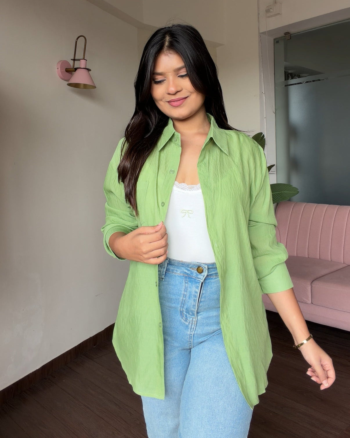 Cotton Solid Shirt With Bow Detailing Cami Top