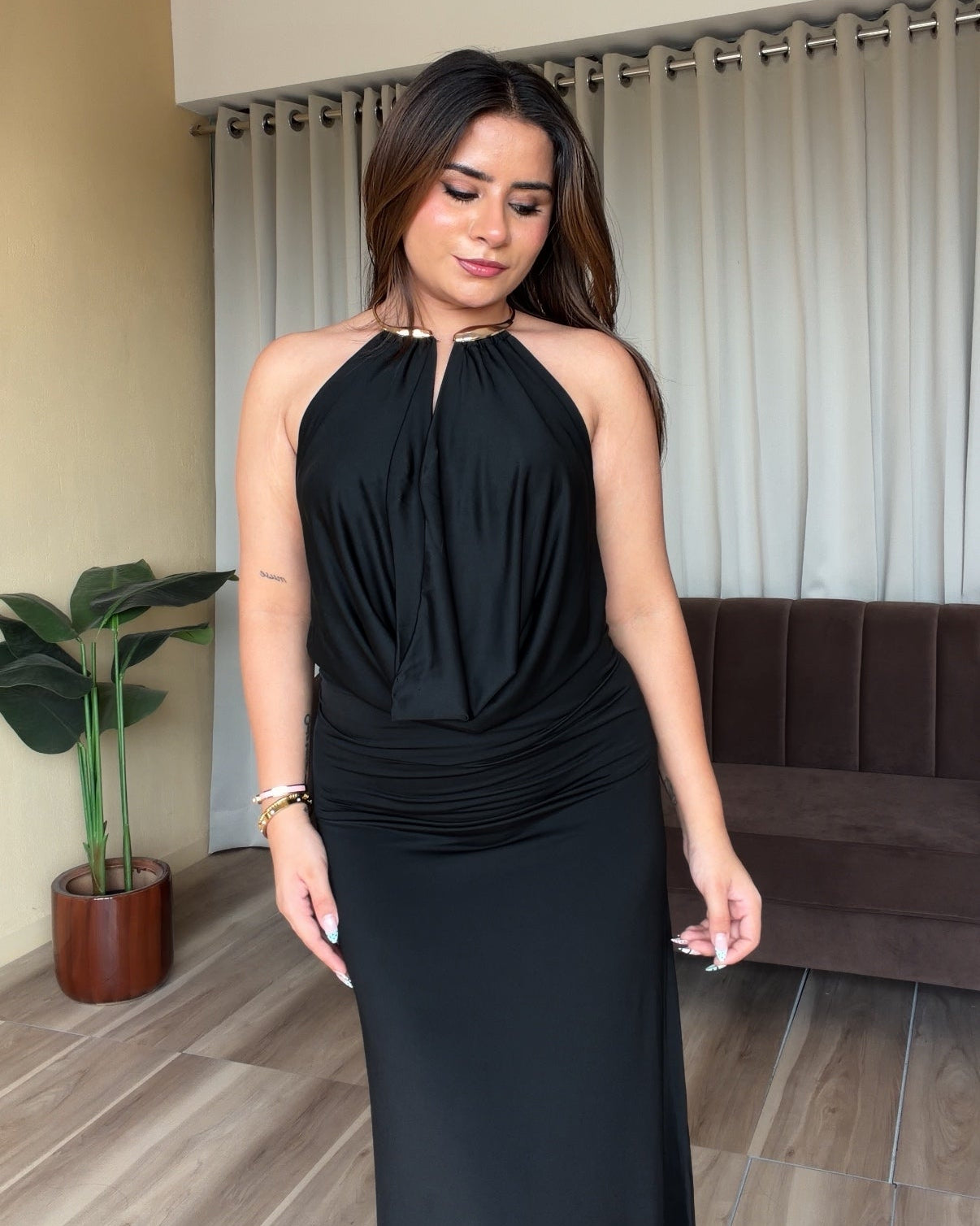 Cowl Neck Golden Necklace Detailing Midi Dress