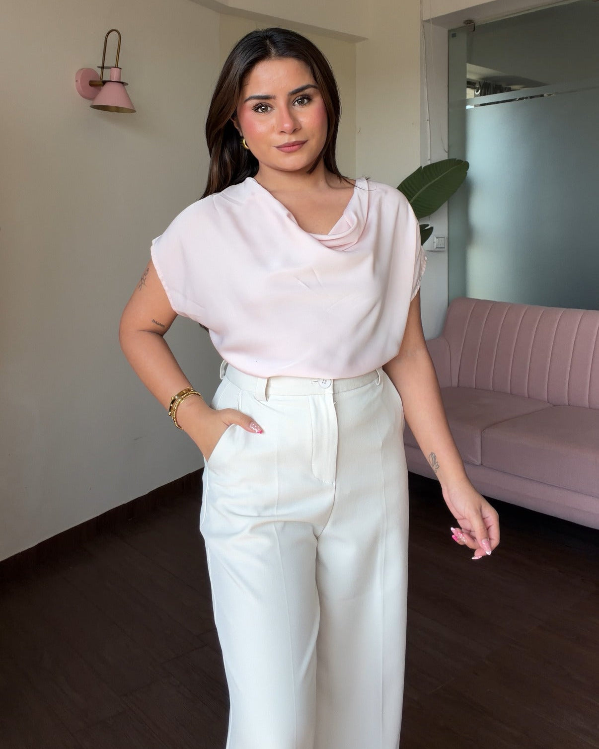 Cowl Neck Satin Solid Top